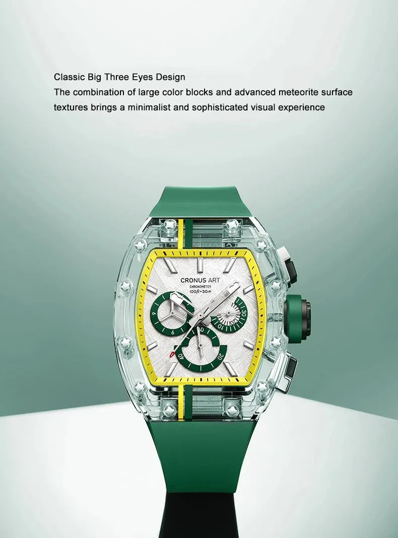 CRONUSART Men's Chronograph Watch - Tonneau Sapphire Crystal Case, Automatic Mechanical Wristwatch with Luminous Hands, Fluororubber Strap & Meteorite Dial | Perfect for Business, Formal Events & Outdoor Adventures
