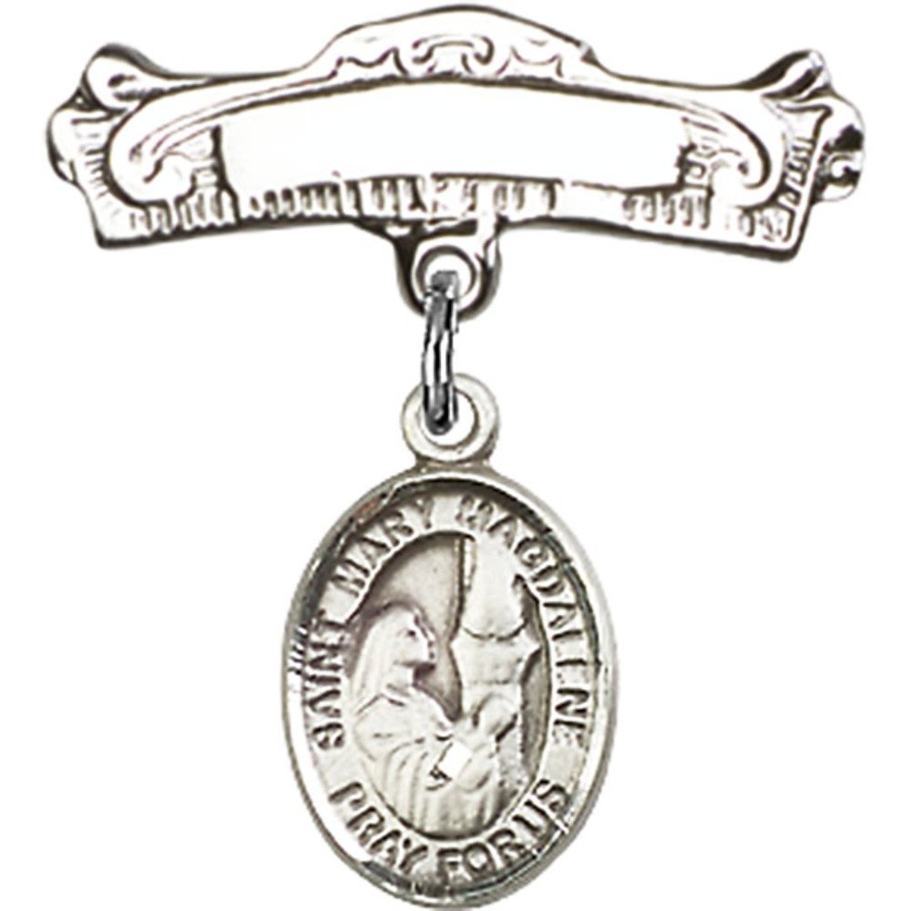 Sterling Silver Baby Badge with St. Mary Magdalene Charm - 7/8 X 7/8 Inch Arched Polished Pin - Perfect for Christening Gifts, Baby Blessings & Religious Keepsakes