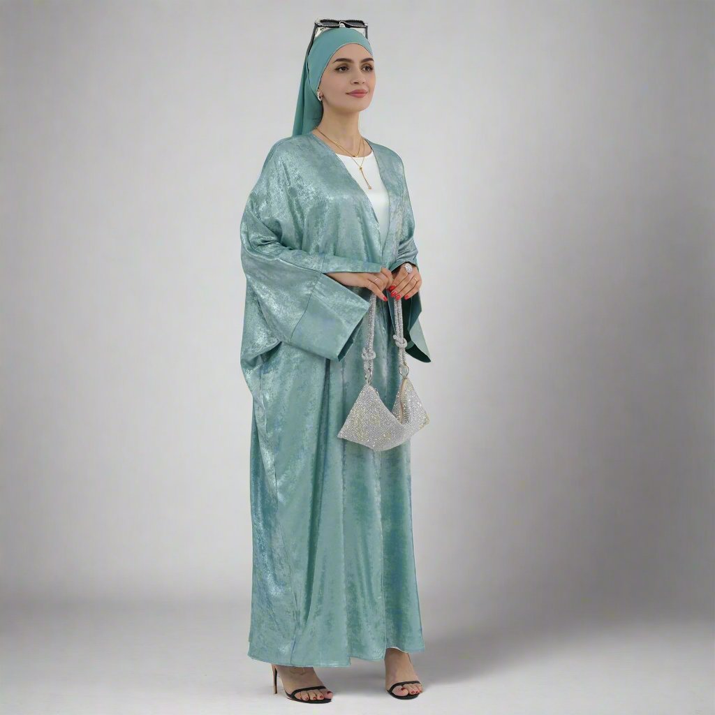 Celine Shimmer Kimono Open Abaya - Elegant Long Sleeve Muslim Dress in Mint Green for Women | Perfect for Prayer, Eid, Wedding & Special Occasions
