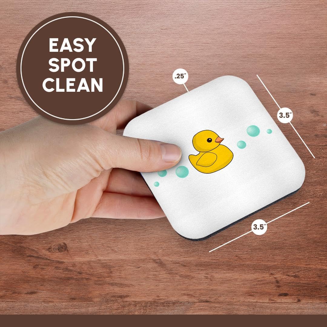 3dRose Set of 8 Cute Yellow Rubber Ducky Cartoon Coasters with Soap Bubbles - Kawaii Duckie Design on White Background - Adorable Sweet Duck Soft Drink Coasters for Home, Office & Party Decor