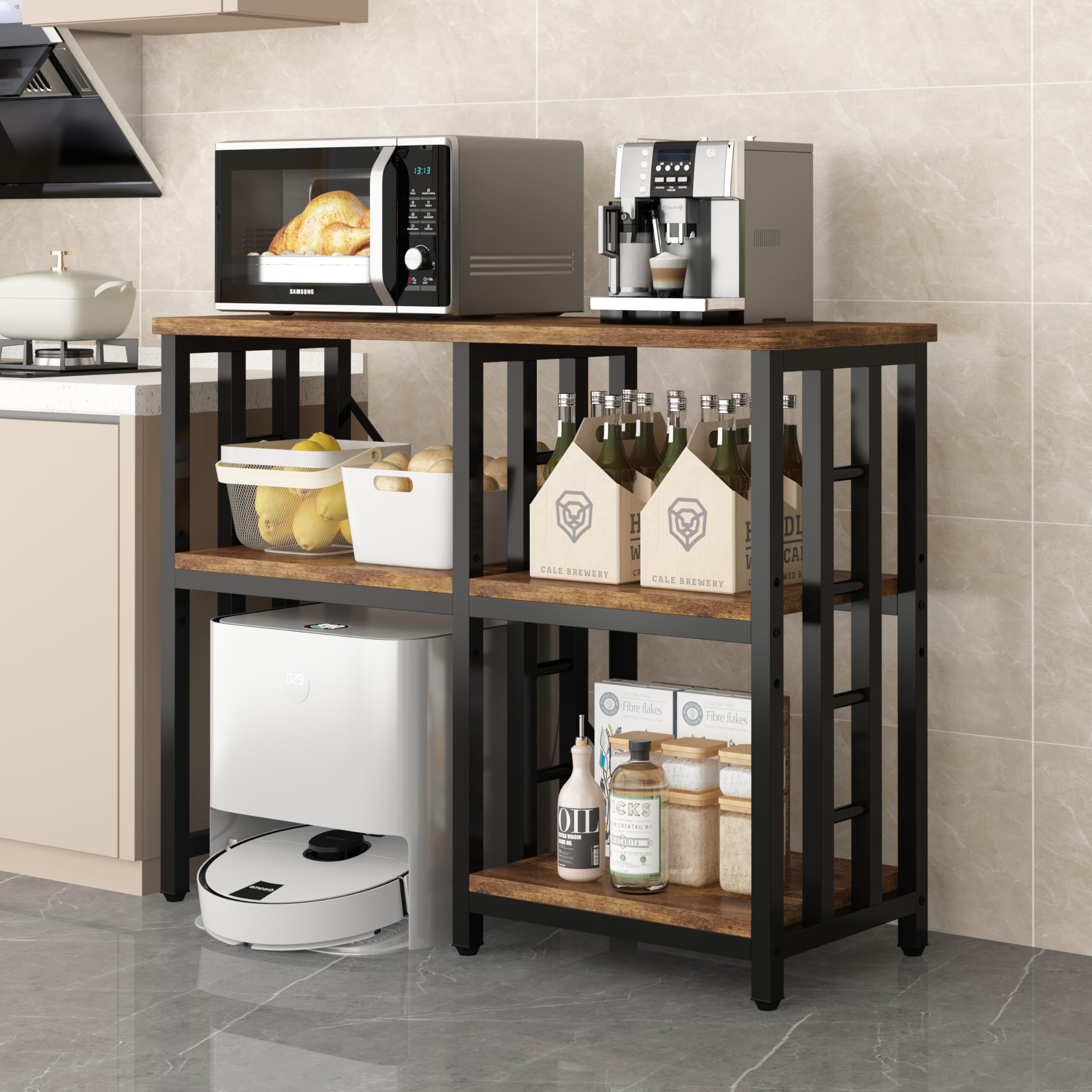4-Tier Kitchen Baker's Rack with Microwave Stand & Mini Fridge Storage - Rustic Brown Kitchen Organizer Shelf for Spices, Utensils, and Food - Perfect for Coffee Bar, Fish Tank Stand (20-29-37 Gallon), and Small Appliance Organization in Compact Spaces