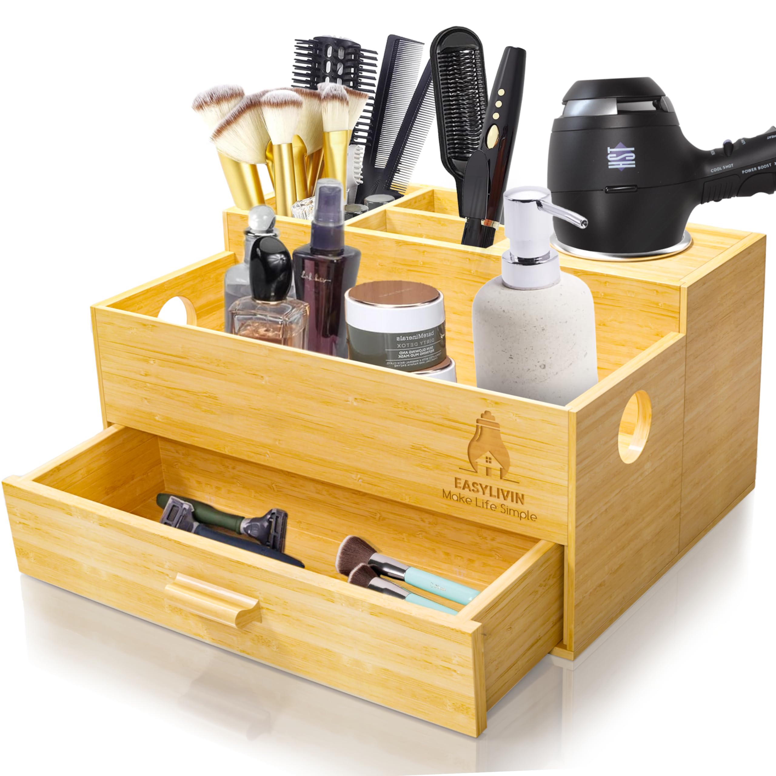 EASYLIVIN Hair Tools Organizer with Drawer - Stylish Hot Tools Holder for Bathroom & Vanity - Durable Space-Saving Design - Blow Dryer & Makeup Storage Organizer - Perfect for Home Salon & Beauty Station Organization
