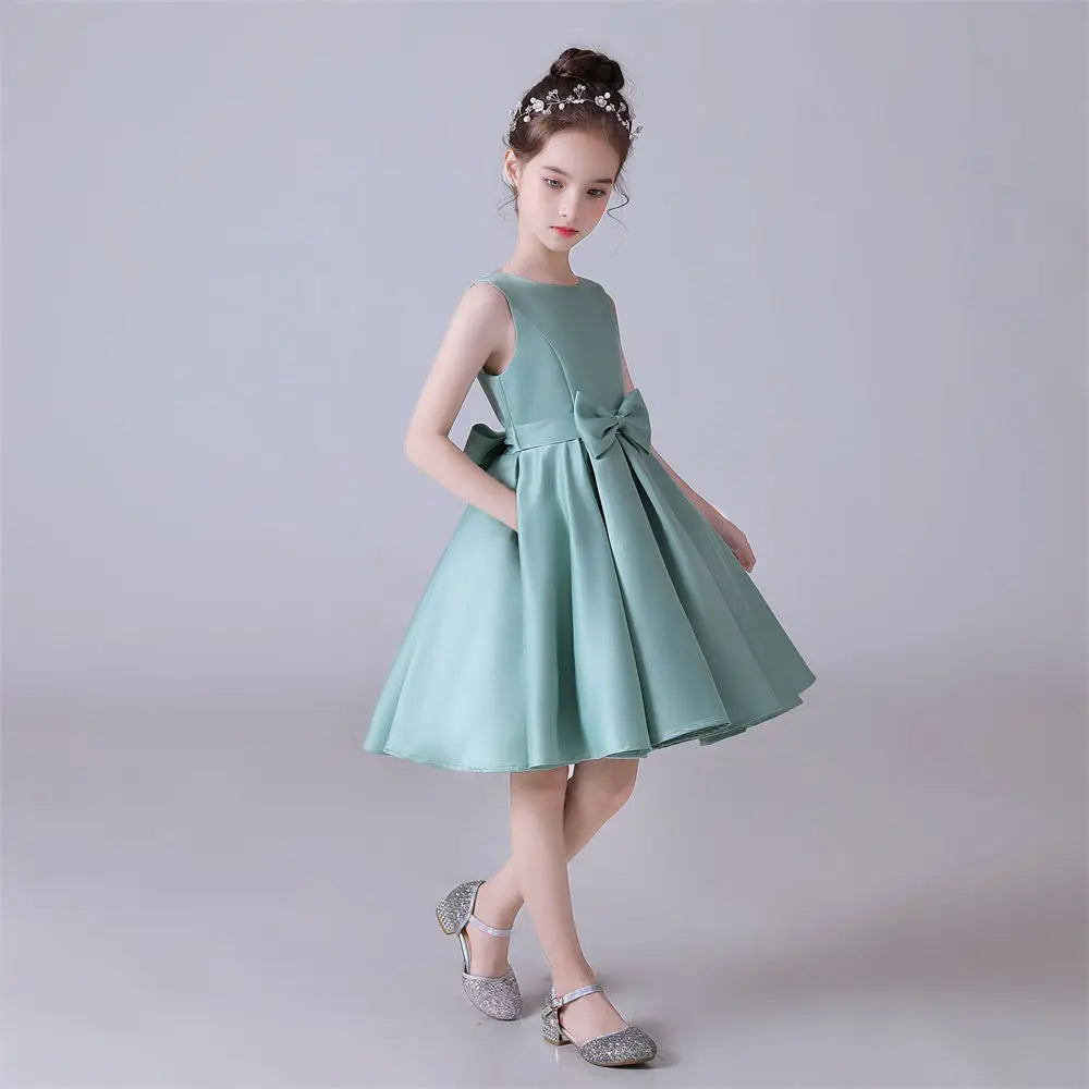 Girls Sleeveless Satin Bow Flower Princess Dress - Elegant O-Neck Party Gown for Birthday, Flower Girl, Pageant & Special Occasions