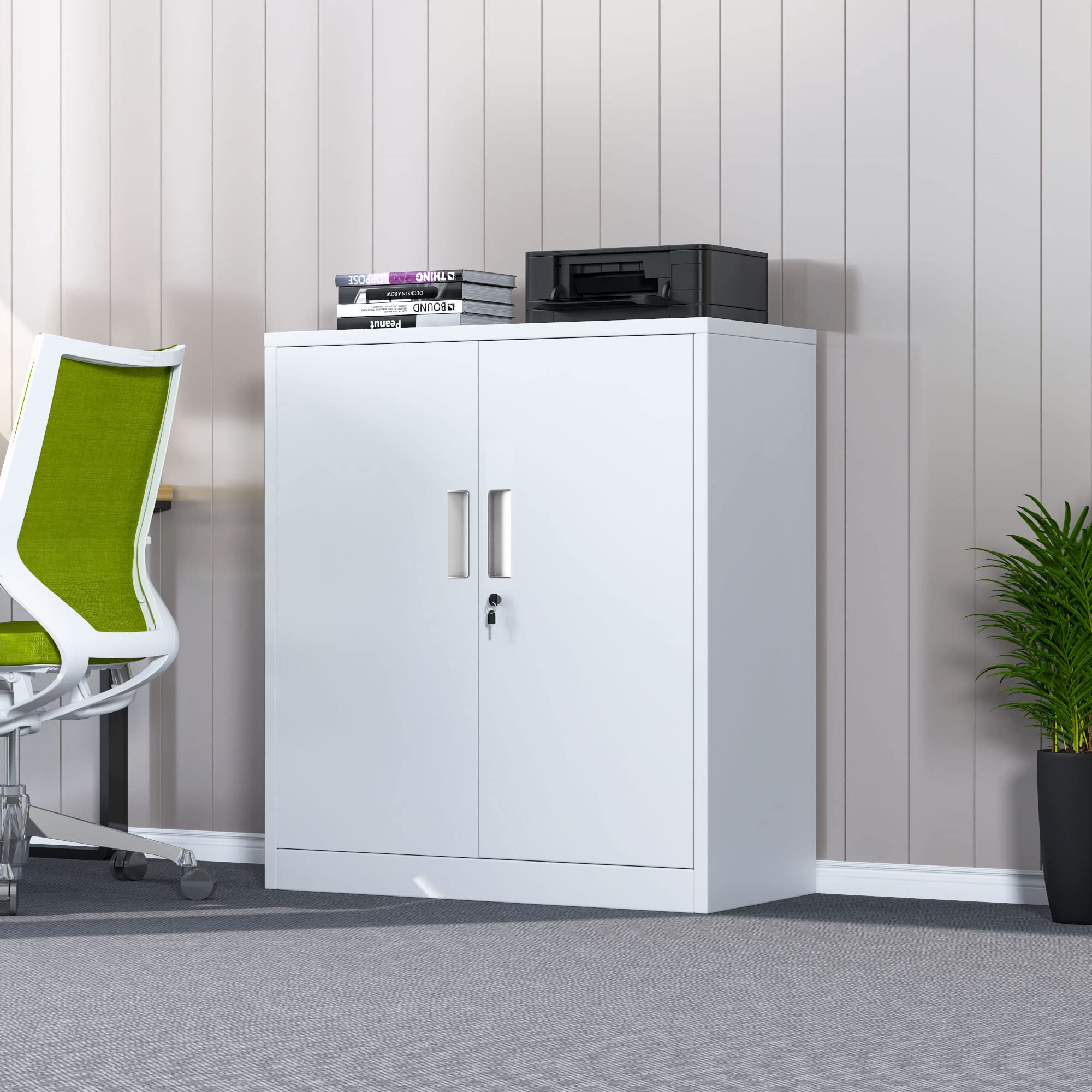 Lockable Metal Storage Cabinet with 2 Adjustable Shelves - Small Steel Storage Cabinet for Home, Office, Garage & Kitchen - White | Perfect for Organizing Tools, Files, Pantry Items & Cleaning Supplies
