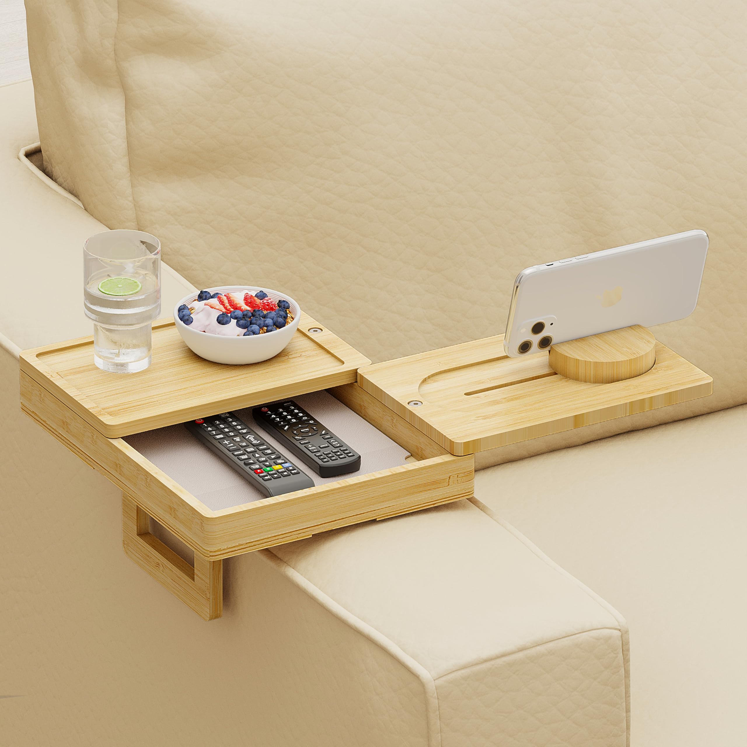 360° Rotatable Bamboo Couch Arm Tray with Storage Box & Phone Holder - Adjustable Sofa Arm Clip Table for Snacks, Drinks, Dining | Perfect for Living Room, Bedroom, Office & Home Theater Use