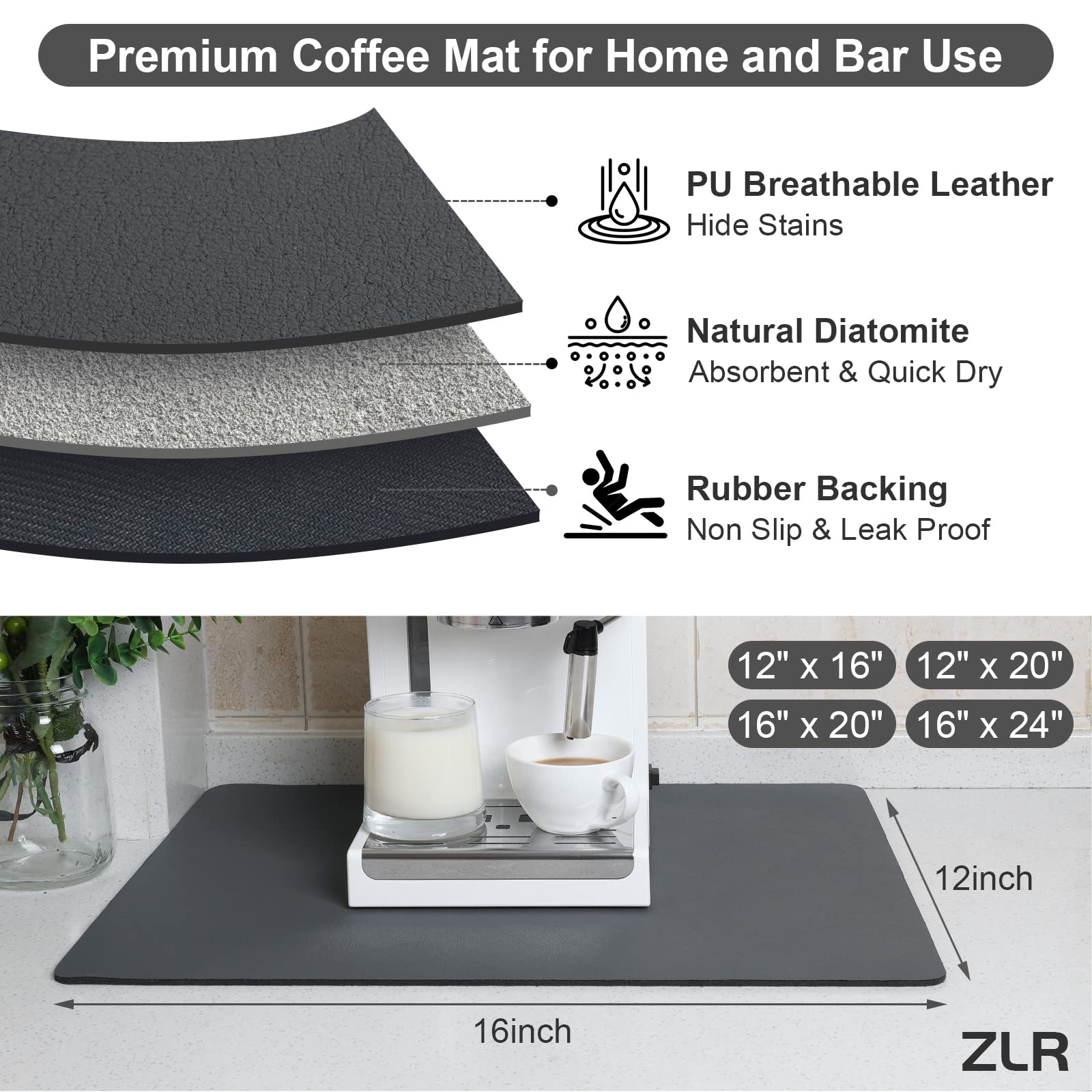 ZLR Coffee Mat - 12x16 Absorbent Kitchen Drying Mat for Dishes & Countertops - Easy Clean for Coffee Bars & Espresso Machines - Gray