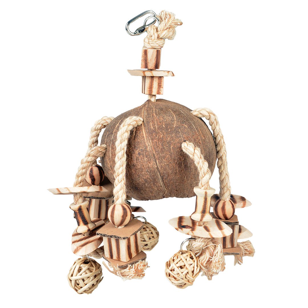 DUVO PLUS Coconut Fiber Bird Perch with Wooden Blocks & Willow Balls - 35x20x15cm Natural Brown - Perfect for Parrot Cages, Aviaries & Small Pet Play Areas