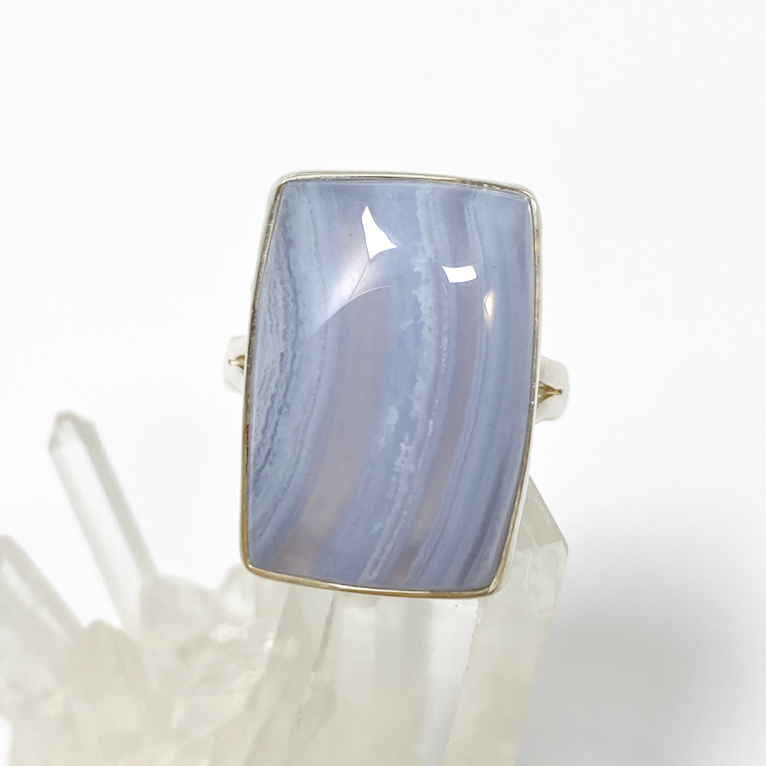 Blue Lace Agate Rectangular Cabochon Ring - Size 8 - KRGJ3382 - Perfect for Boho Jewelry, Wedding Accessories & Everyday Elegance
