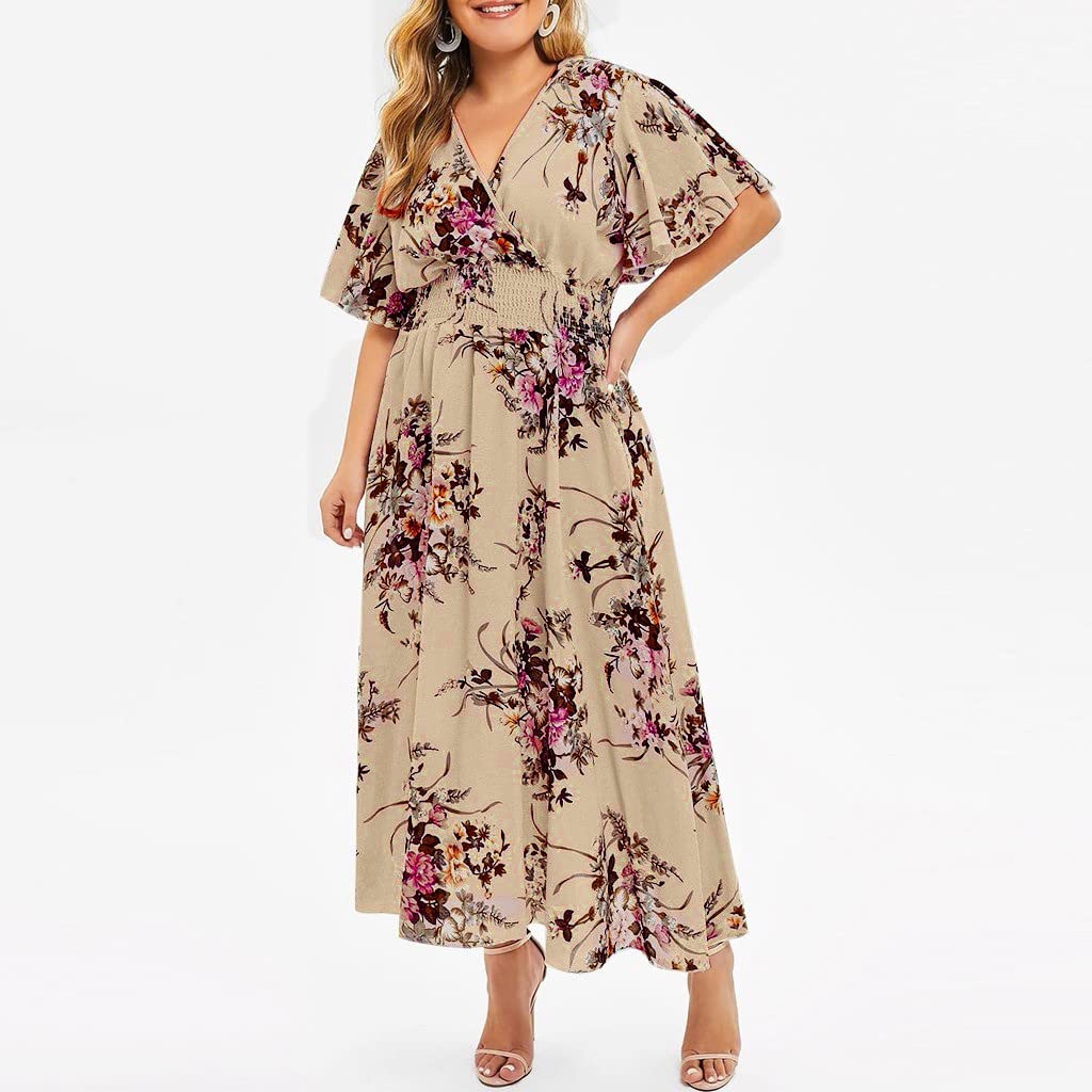 **Plus Size Women's Floral Maxi Dress with Ruffles & Flutter Sleeves - Boho Tiered V-Neck A-Line Summer Dress - Perfect for Beach Vacations, Weddings & Casual Outings**
