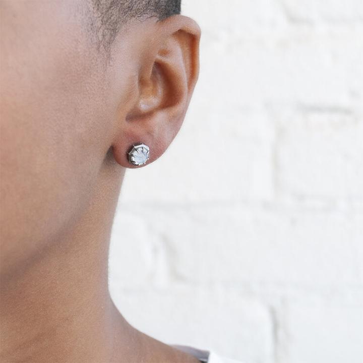 Natural Rainbow Moonstone Octagon Stud Earrings in Oxidized Silver - Elegant Boho Jewelry for Women, Perfect for Everyday Wear & Special Occasions