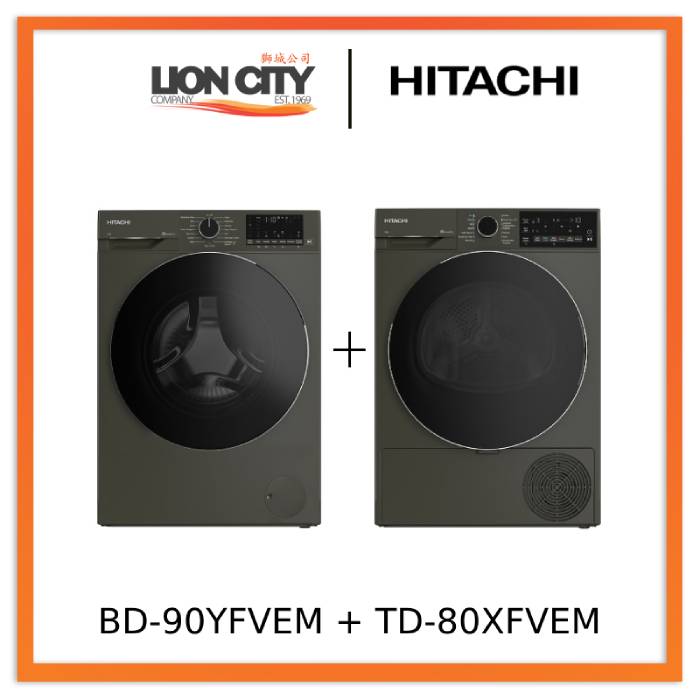 Hitachi BD 90YFVEM Front Load Washer with Steam, Hygiene & Easy Iron Inverter + TD 80XFVEM Tumble Dryer - Perfect for Large Families & Energy-Efficient Laundry Care