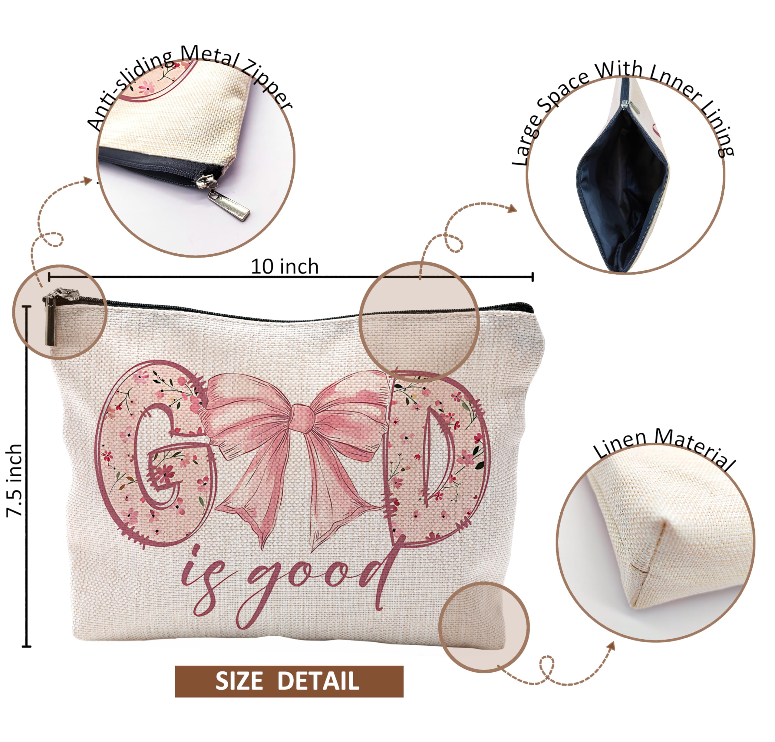 God is Good Makeup Bag - Coquette Pink Bow Cosmetic Case for Women | Christian Gifts, Cute Preppy Makeup Pouch | Perfect for Travel, Church, Bridal Showers & Birthday Presents