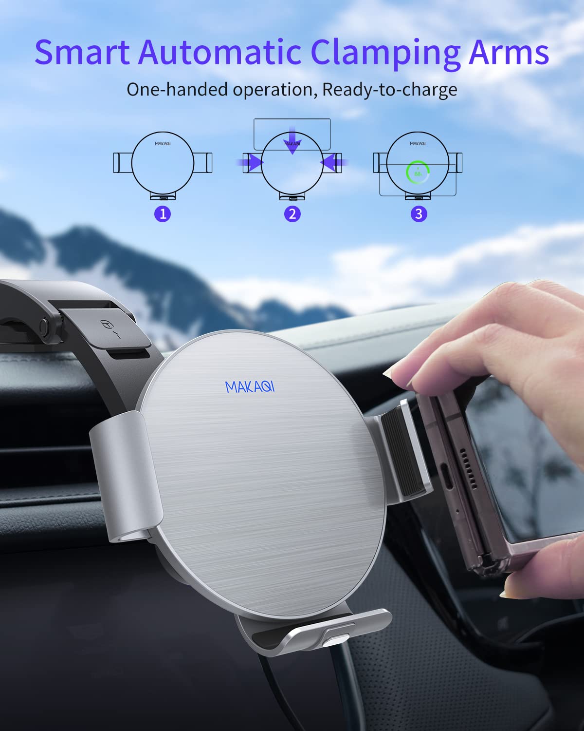 Fast Wireless Car Charger for Samsung Galaxy Z Fold 6/5/4/3/2 & iPhone 16/15/14/13/12/11 Pro Max/X - Dual Coil Auto-Clamping Phone Holder with 15W Qi Charging - Perfect for Road Trips & Daily Commute