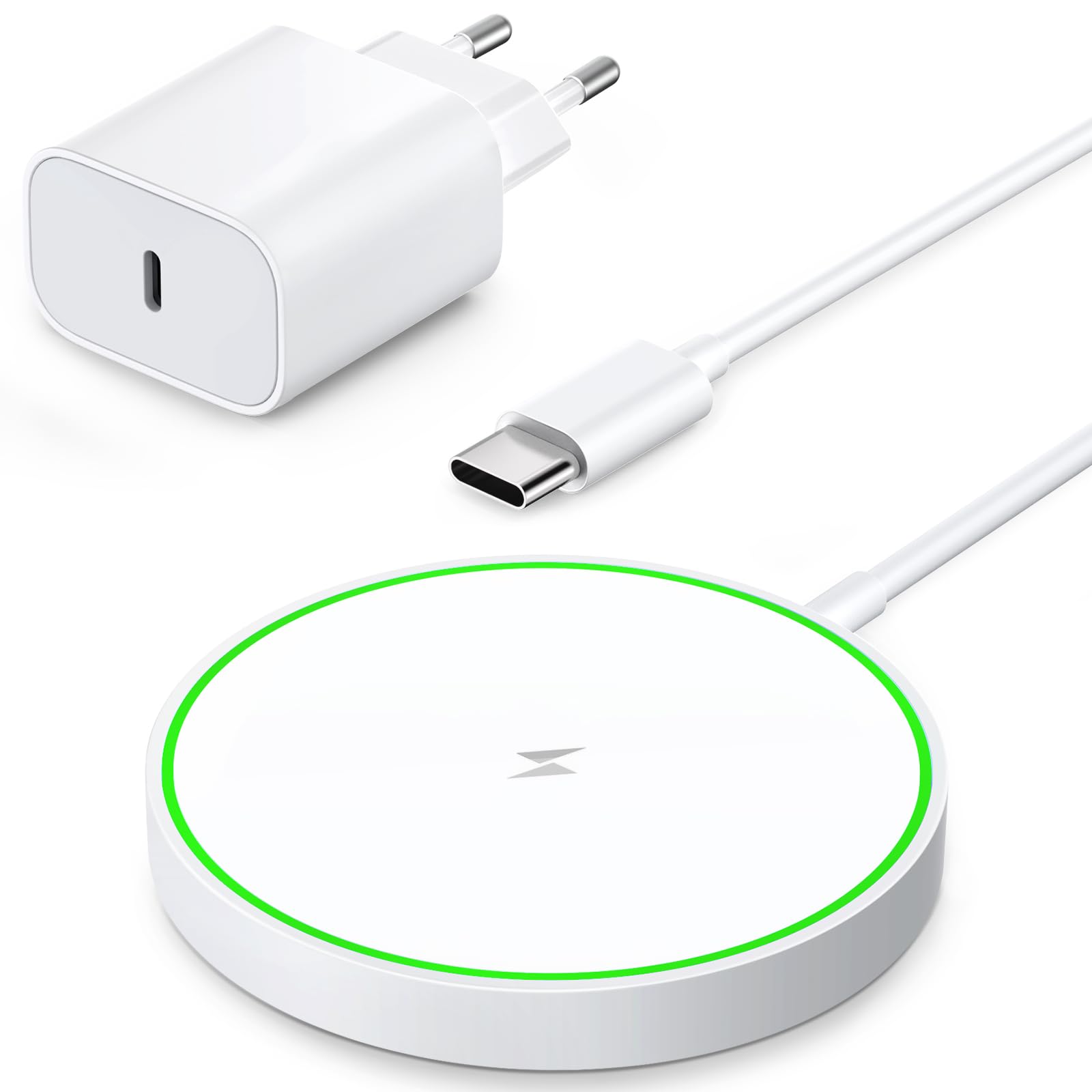 AMSKY 15W Magnetic Wireless Charger for iPhone - Fast Qi Charging Pad Compatible with Apple MagSafe, AirPods & iPhone 12/13/14/15 Series - Includes 20W PD Power Adapter - Perfect for Home, Office & Travel Charging Station (White)
