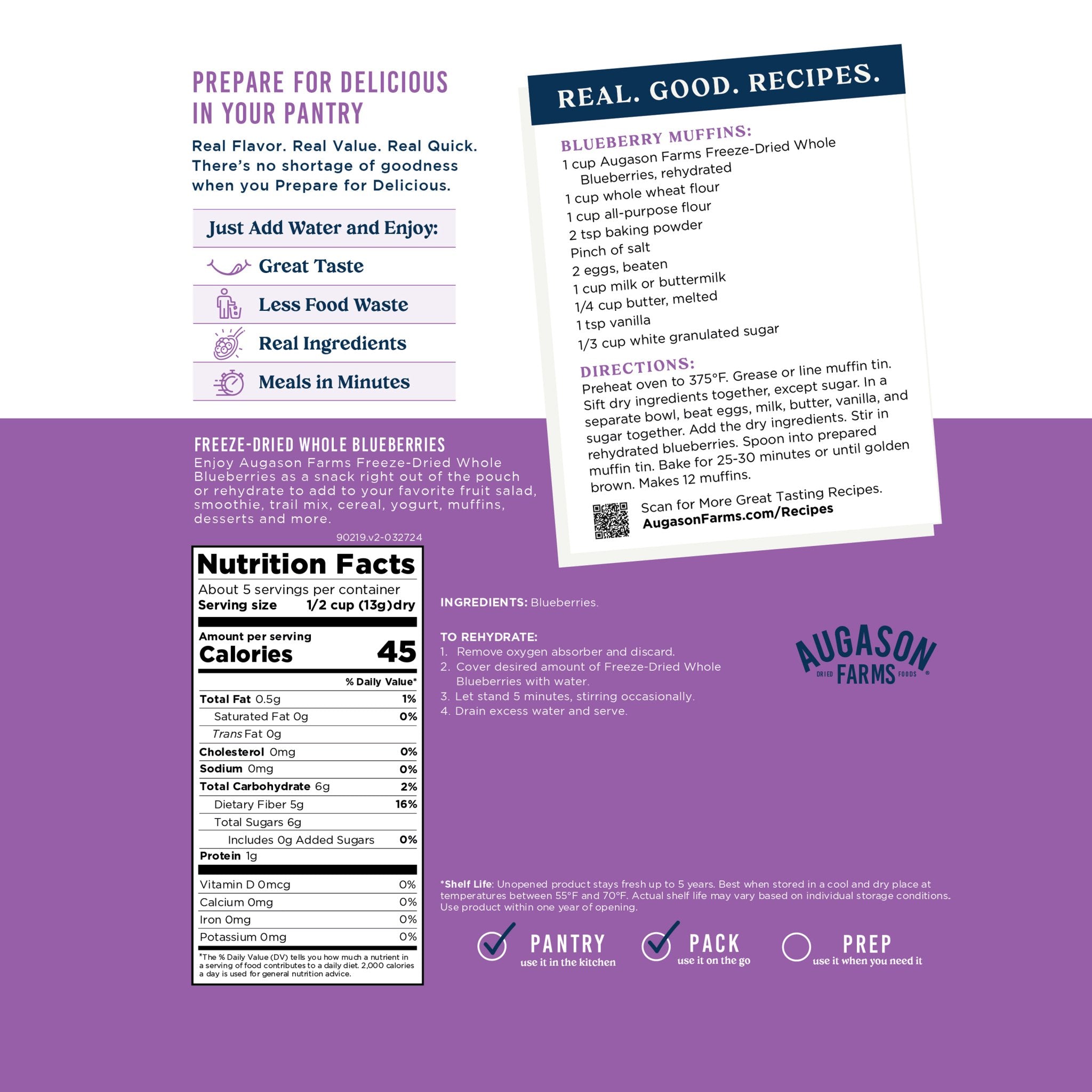 Freeze Dried Whole Blueberries - 100% Natural, No Sugar Added, Non-GMO, Gluten-Free Snack (5 Servings) - Perfect for Smoothies, Baking, Trail Mix & Healthy On-the-Go Snacking