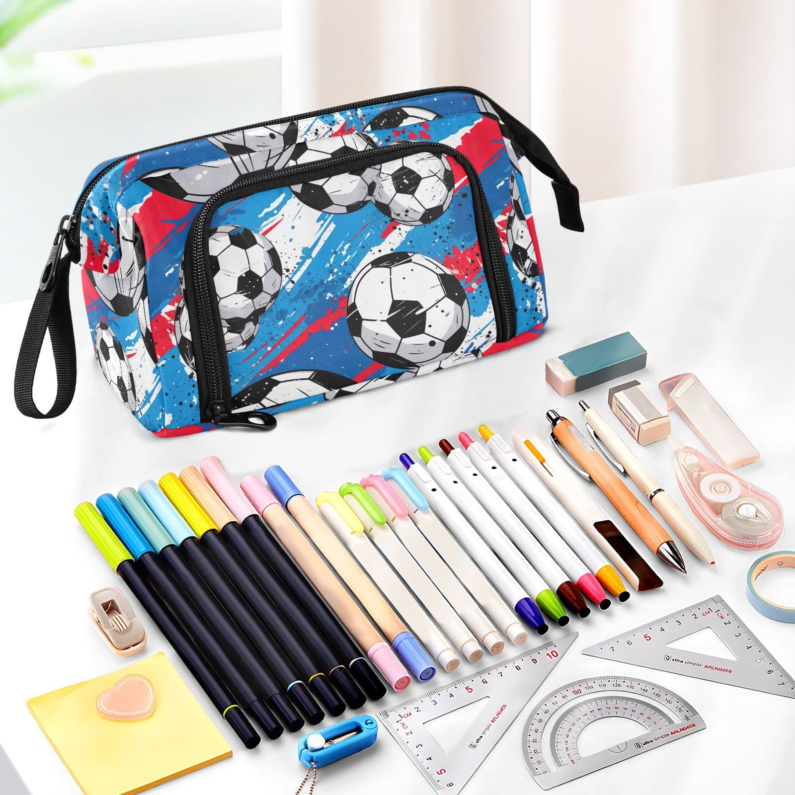 Large Capacity Aesthetic Soccer Football Pencil Case - Red & Blue Pen Bag with Multiple Compartments, Portable School Stationery Organizer for Teens, Boys, Girls & Adults | Perfect for School, Office & Travel Use