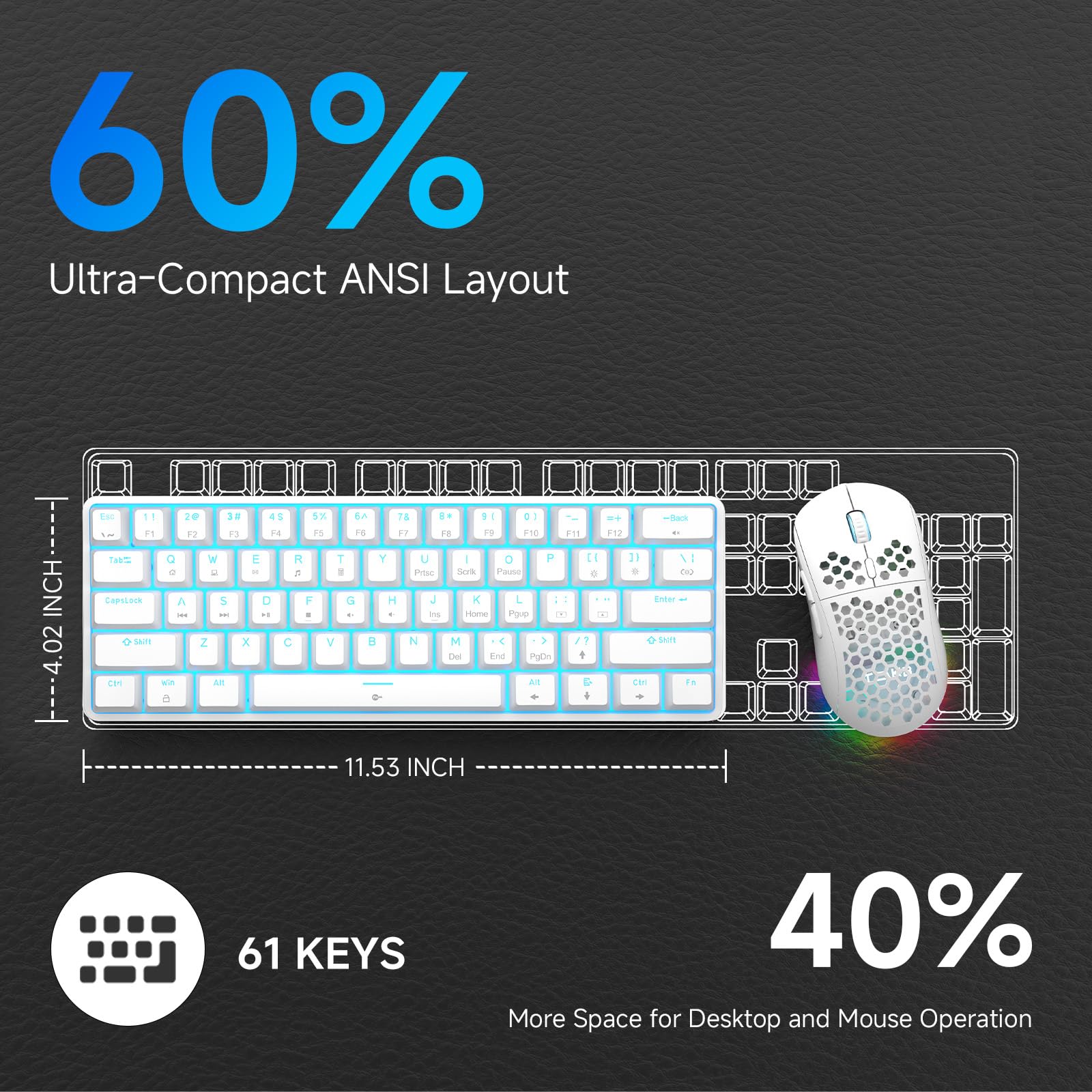 TMKB T61SE 60% Compact Mechanical Gaming Keyboard - Linear Red Switches, RGB Backlit, Double-Shot PBT Keycaps, N-Key Rollover, Detachable USB-C Cable - Wired Ergonomic Keyboard for Windows PC, Mac, Gaming, Typing & Office Work (White)