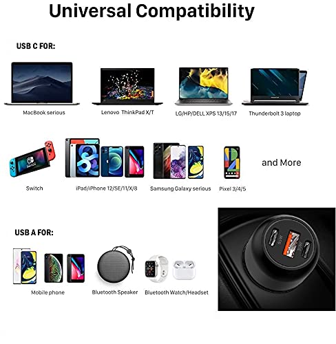 95W 3-Port USB C Fast Car Charger with 65W/30W PPS PD - Type C & QC3.0 Metal USB Car Adapter for iPhone 15/14 Pro Max, Samsung S21/S10/Note10/20, iPad & MacBook - Fast Charging on Road Trips & Commutes