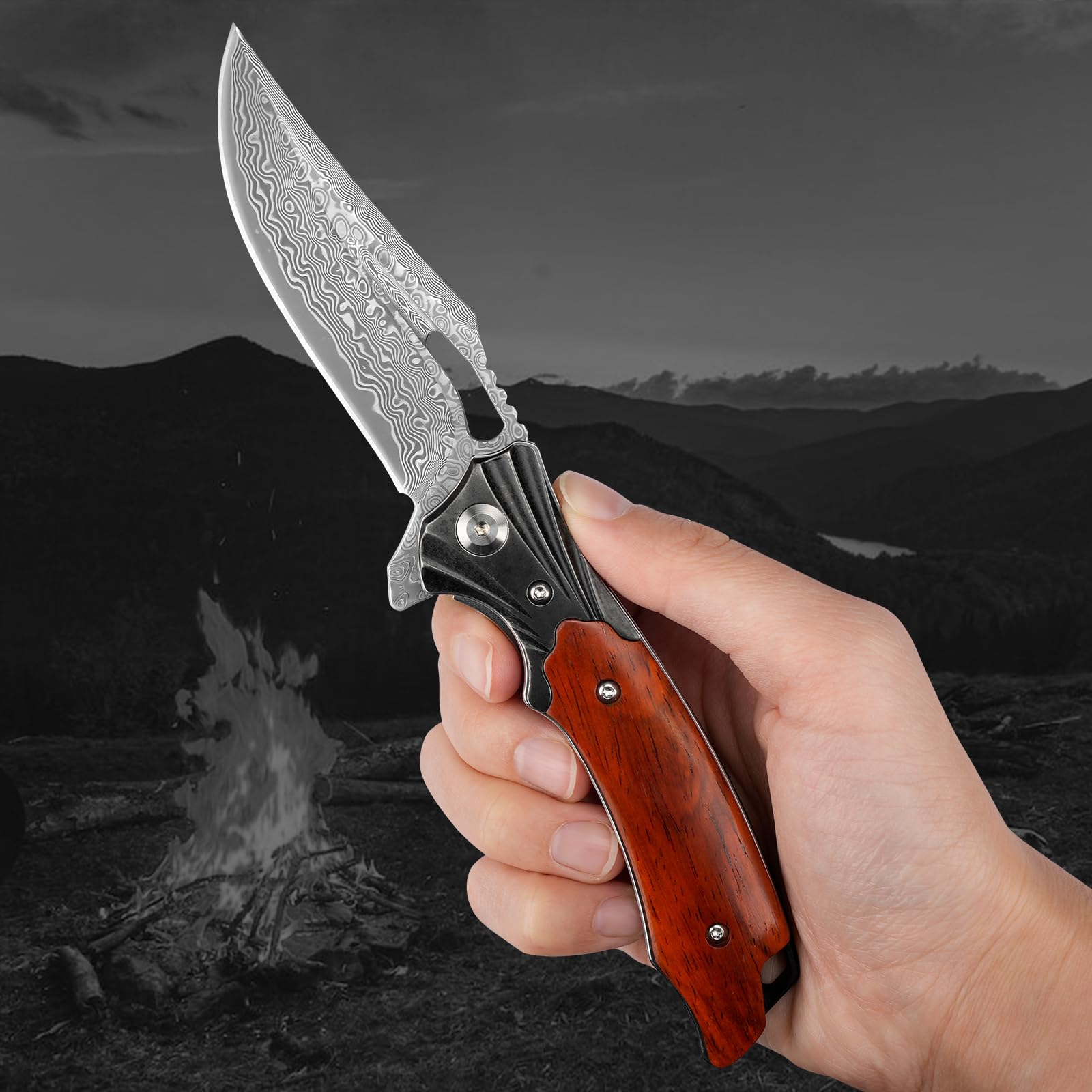 Premium Damascus Steel Folding Pocket Knife with Wood Handle & Sheath - 3.15