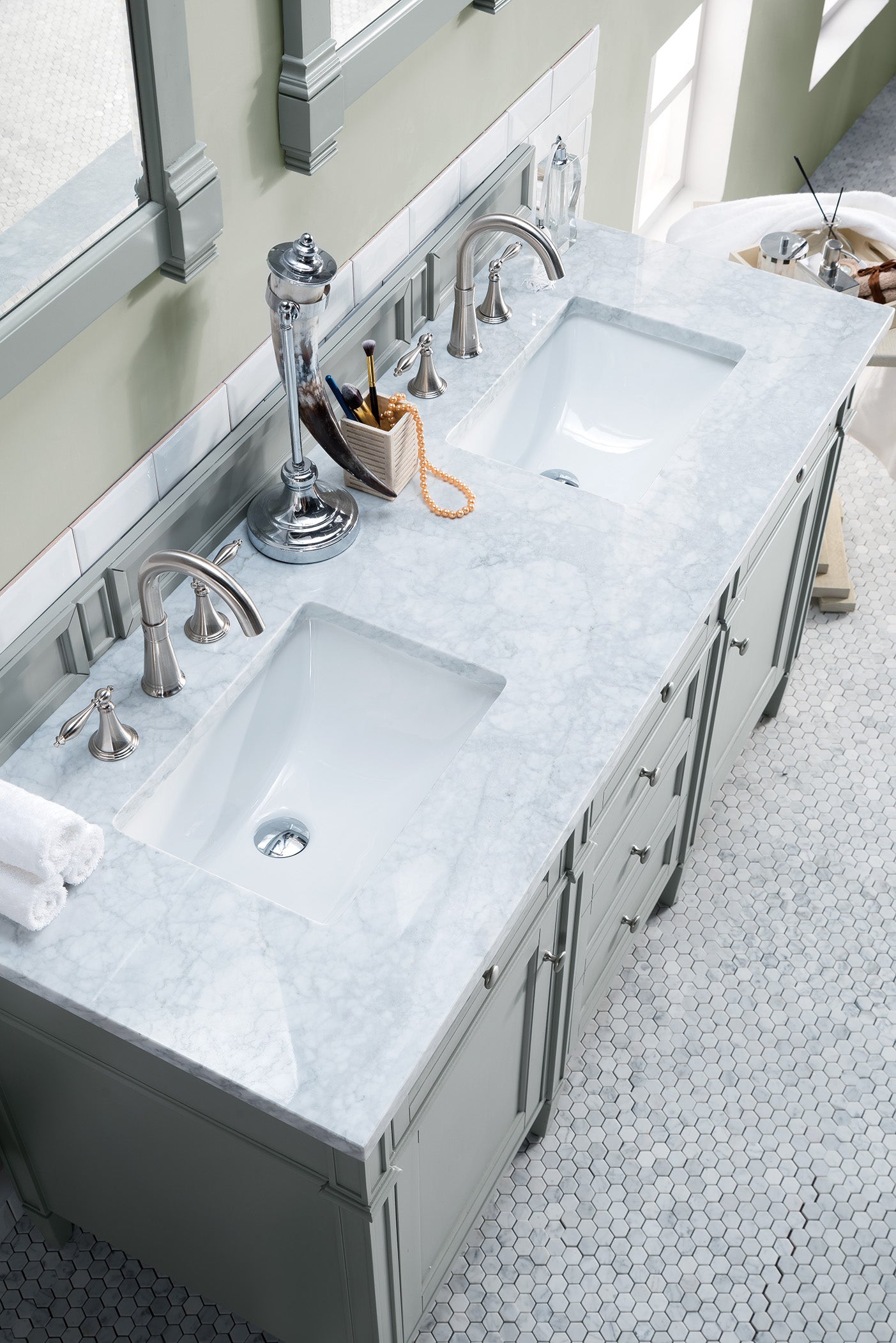 Brittany 60-Inch Urban Gray Double Vanity with 3CM Carrara Marble Top – Modern Bathroom Vanity for Master Bath & Guest Bathroom