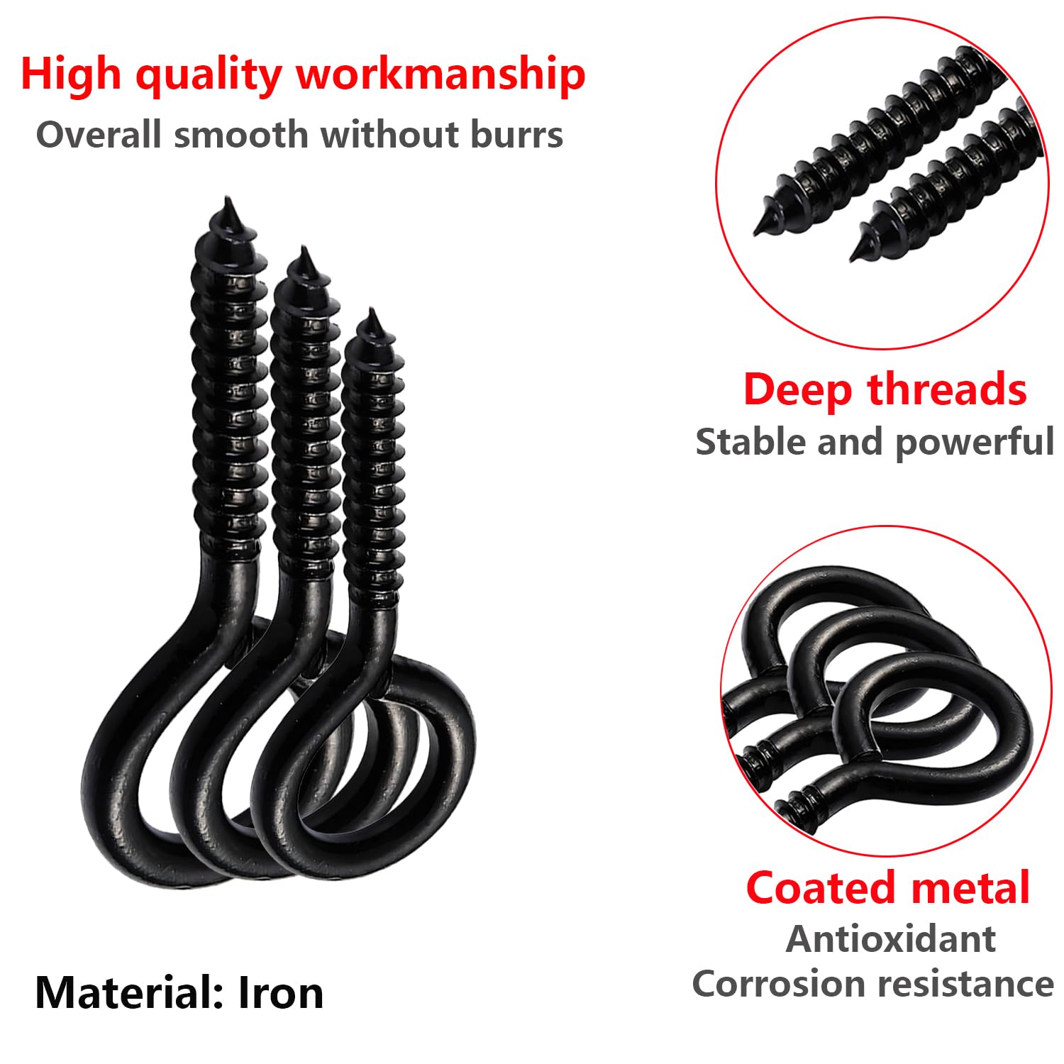 20PCS 25mm Black Screw Eye Hooks - Heavy Duty Eye Bolts for Hanging Hammocks, Swing Chairs, Planters & Home Decor - Indoor & Outdoor Use