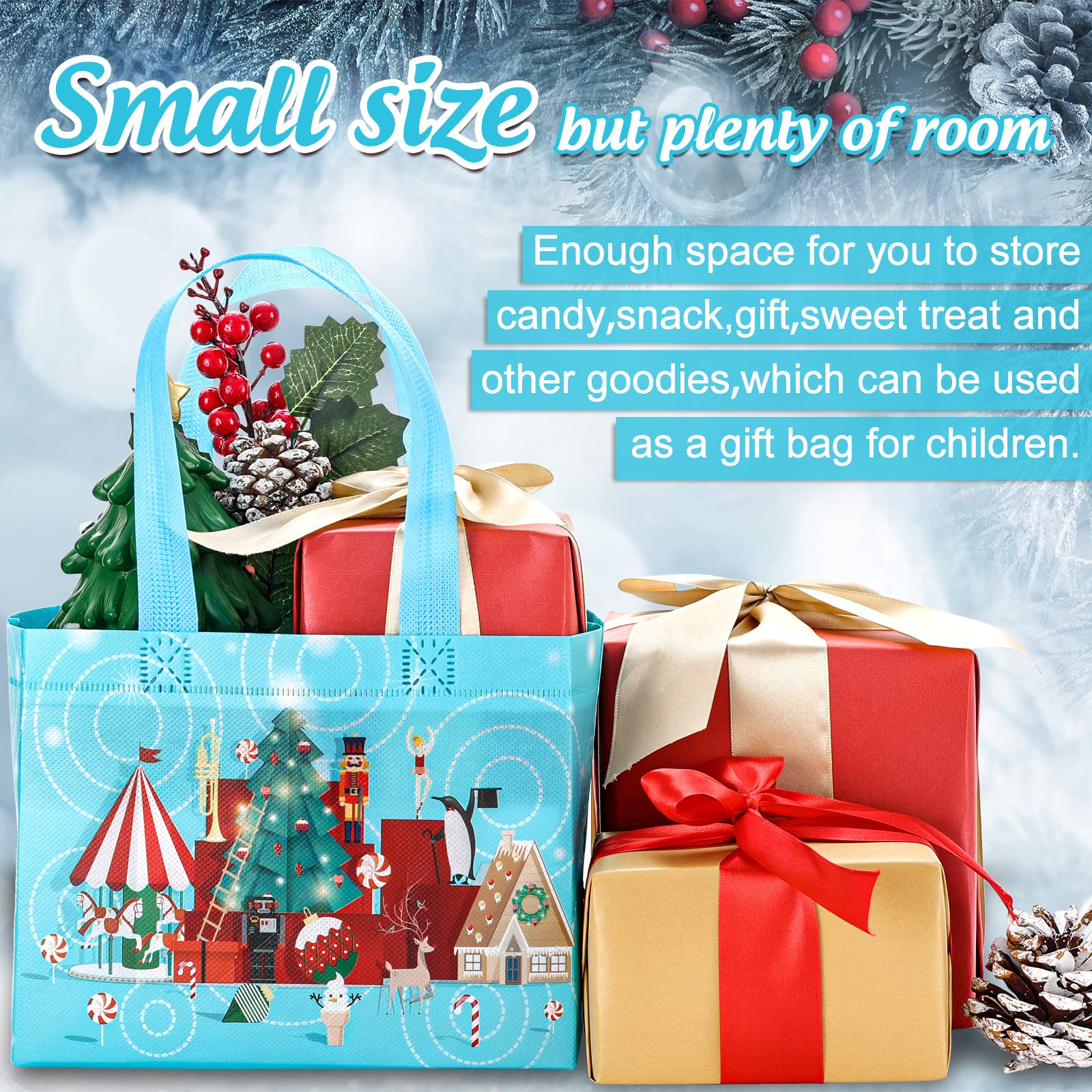 Whaline 16Pcs Christmas Gift Bags with Handles - Reusable Waterproof Tote Bags for Holiday Party & Shopping (4 Designs)