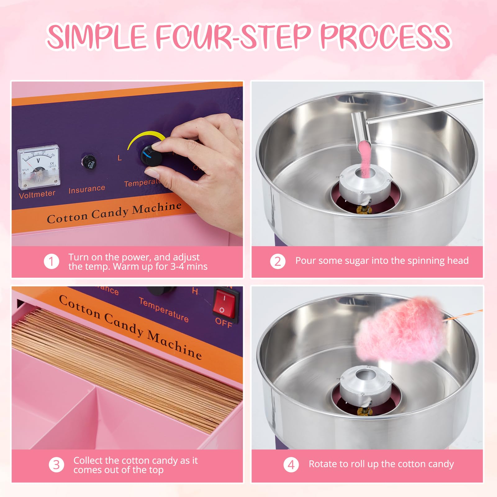 Commercial Cotton Candy Machine 1000W - Electric Candy Floss Maker with Stainless Steel Bowl, Sugar Scoop & Storage Drawer - Perfect for Birthday Parties, Carnival Events, Wedding Receptions & Family Gatherings (Pink)