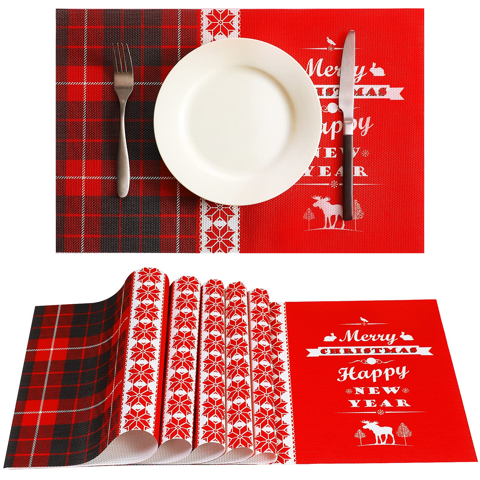 6-Piece Christmas Table Mats Set - Heat Resistant Non-Slip Washable Red Plaid Placemats for Holiday Dining & Kitchen Decor | Perfect for Christmas Dinner, New Year Party & Festive Home Decoration