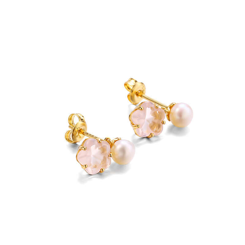 925 Sterling Silver Flower Rose Quartz Pearl Drop Earrings for Women | Elegant Dangle Jewelry Gift for Valentine's Day, Anniversary & Special Occasions | TB1459