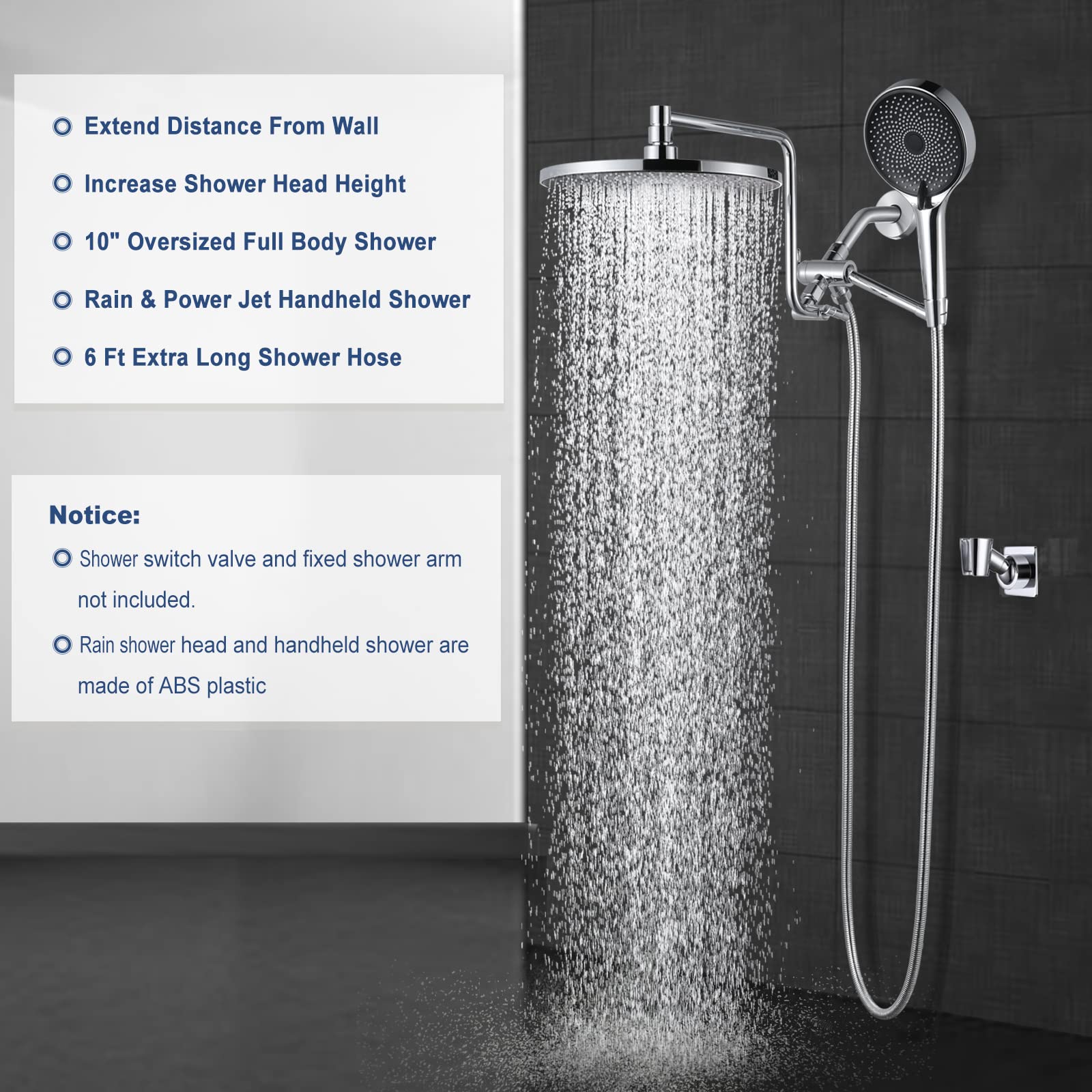 YDmeet Dual Shower Head Combo - 10 Inch Rainfall Shower Head & Adjustable 12 Inch Extension Arm with 3-Way Diverter - Handheld Showerhead with 71 Inch Hose - Chrome Finish - Perfect for Bathroom Renovation, Spa-Like Experience & Water Saving