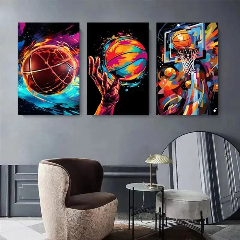 3-Piece Abstract Basketball Water Splash Metal Wall Art - Ready to Hang Modern Sports Decor for Game Room, Man Cave & Office