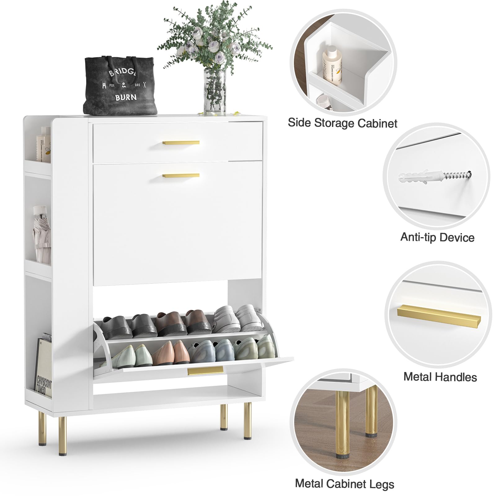 Anmytek White Shoe Storage Cabinet with 2 Flip Drawers - Modern Freestanding Shoe Rack Organizer for Entryway, Hallway & Closet - Space Saving Narrow Shoe Cabinet for Sneakers, Boots & Heels - H0111