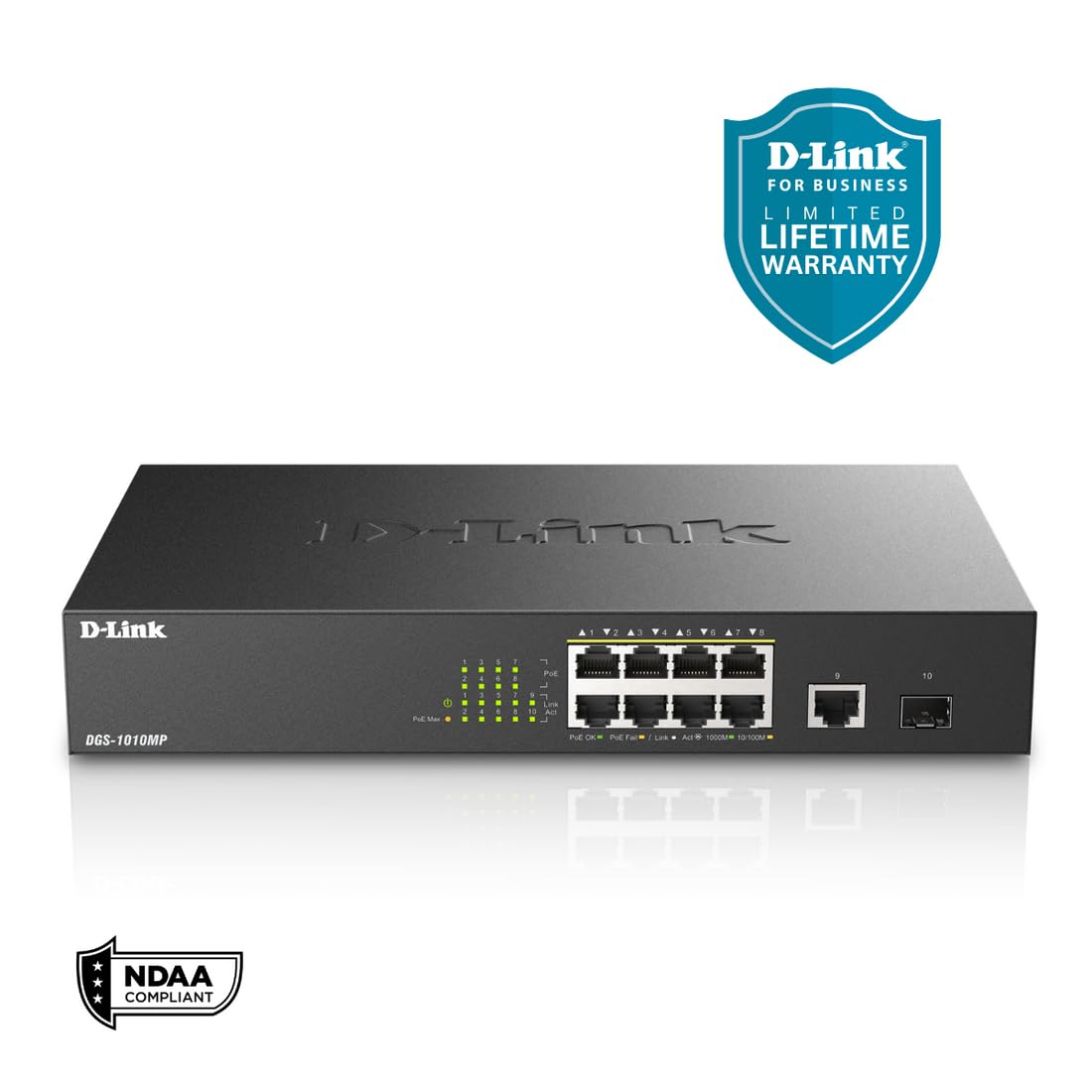 D-Link 8-Port/10-Port Unmanaged PoE Switch with 1 Gigabit Ethernet Port & 1 SFP Uplink Port, 125W PoE Budget, Fanless Rackmount Plug & Play (DGS-1010MP) - Black | Ideal for Home Office, Small Business Network & IP Camera Systems