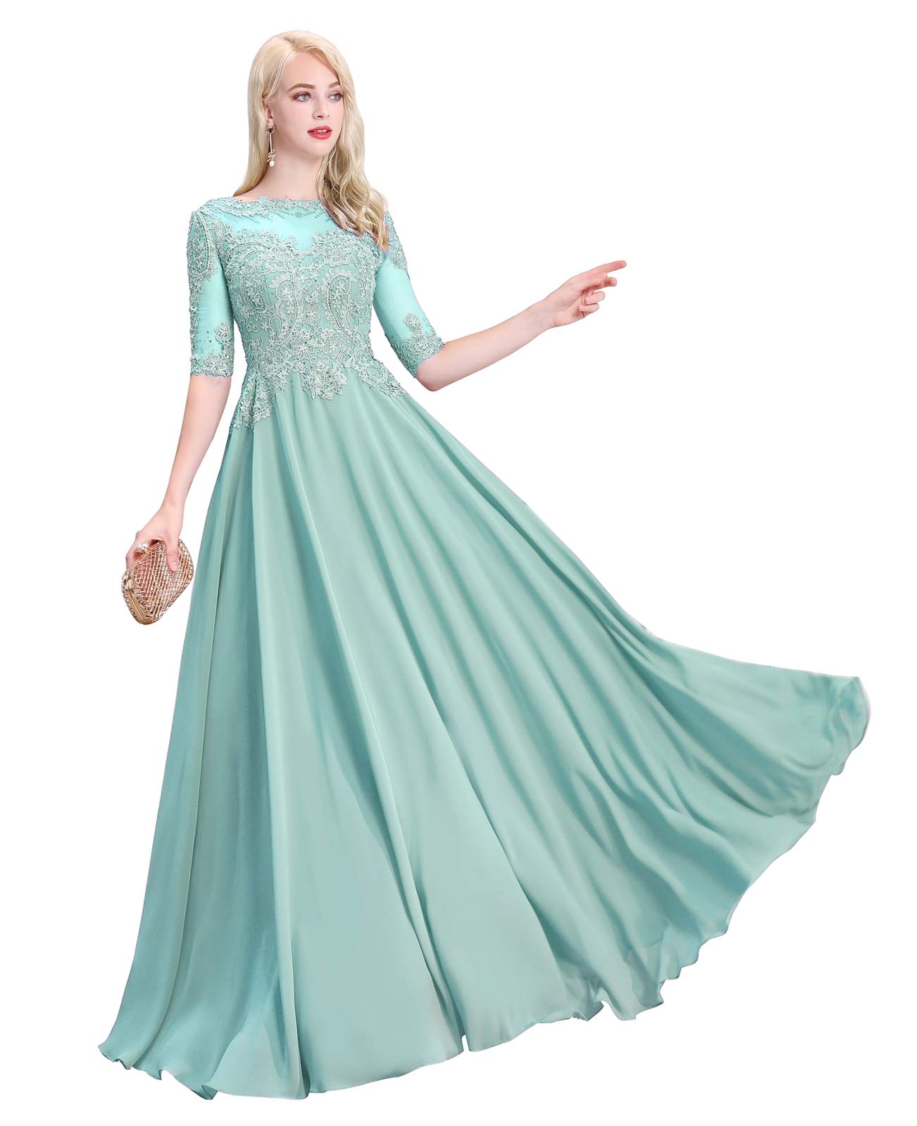 Elegant Beaded Lace Applique Mother of The Bride Dress - Half Sleeve Chiffon Formal Evening Gown for Wedding, Cocktail Party & Special Occasions