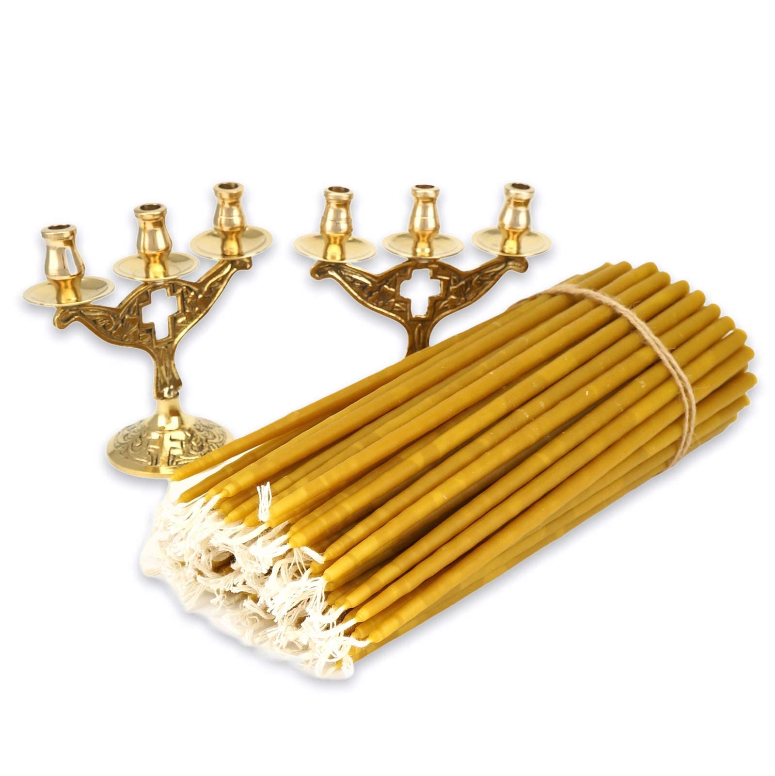 Elegant Cross Design Christian Candelabras - Set of 2 Ornate Orthodox Candle Holders for Church Taper Candles with 100 Pure Beeswax Candles | Perfect for Prayer Corners, Home Altars & Religious Decor