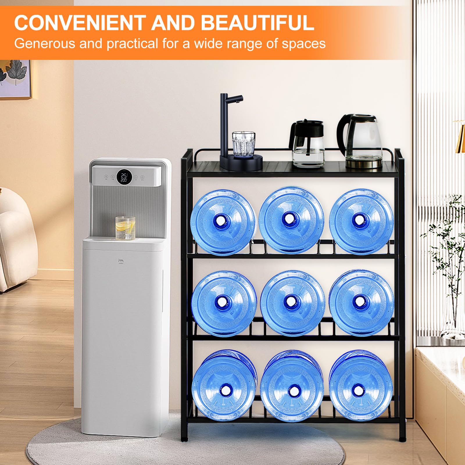 5 Gallon Water Bottle Jug Holder - 4 Tier Heavy Duty Cooler Storage Rack with Top Shelf Organizer | Space Saving Solution for Home, Office & Breakroom | Perfect for Water Dispensers, Pantry Organization & Commercial Use (Black)