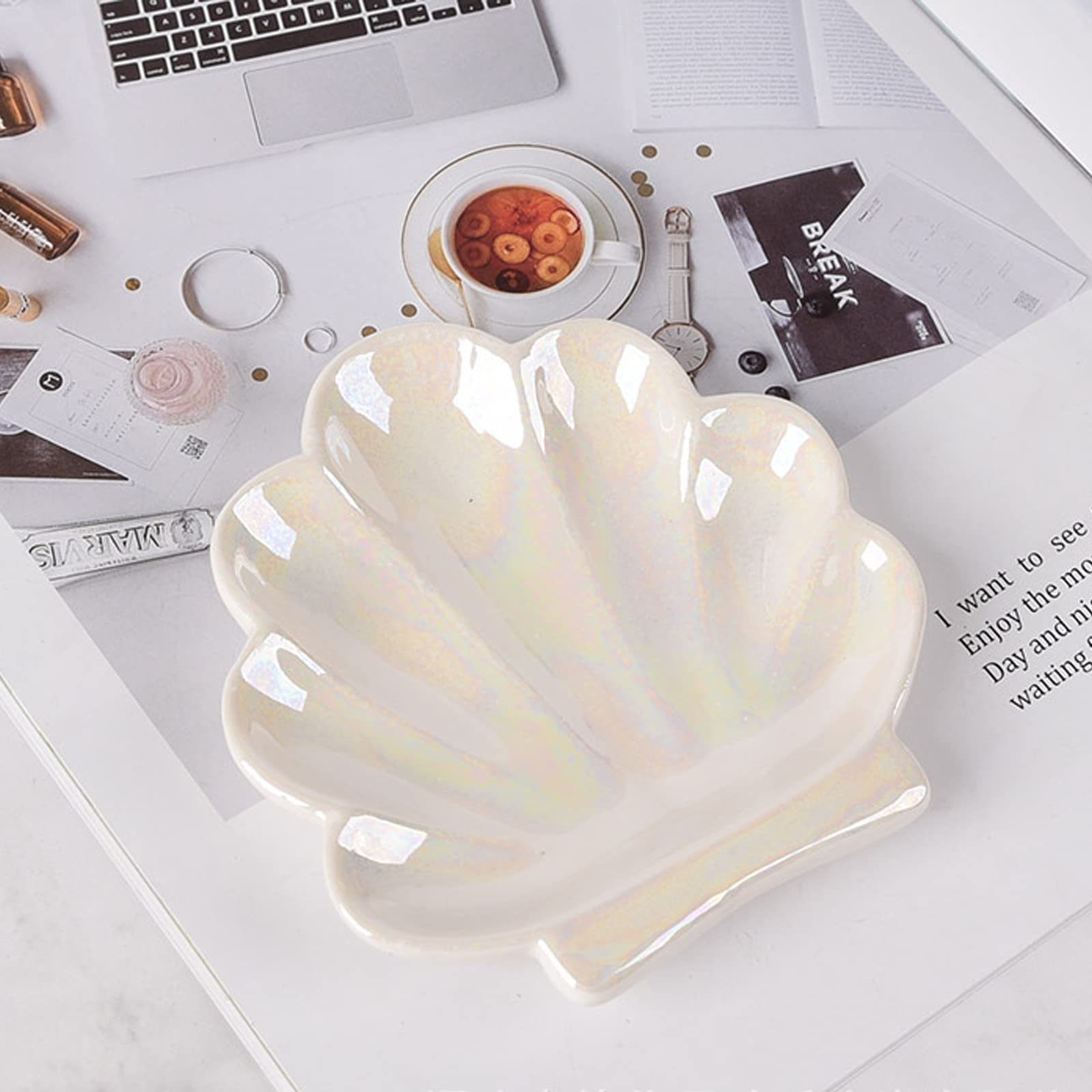 Ceramic Shell Trinket Dish & Jewelry Tray - Elegant Ring Holder, Vanity Organizer Plate for Home Décor, Bathroom Countertop Accessory | Perfect for Jewelry Storage, Makeup Organization & Bathroom Vanity Display