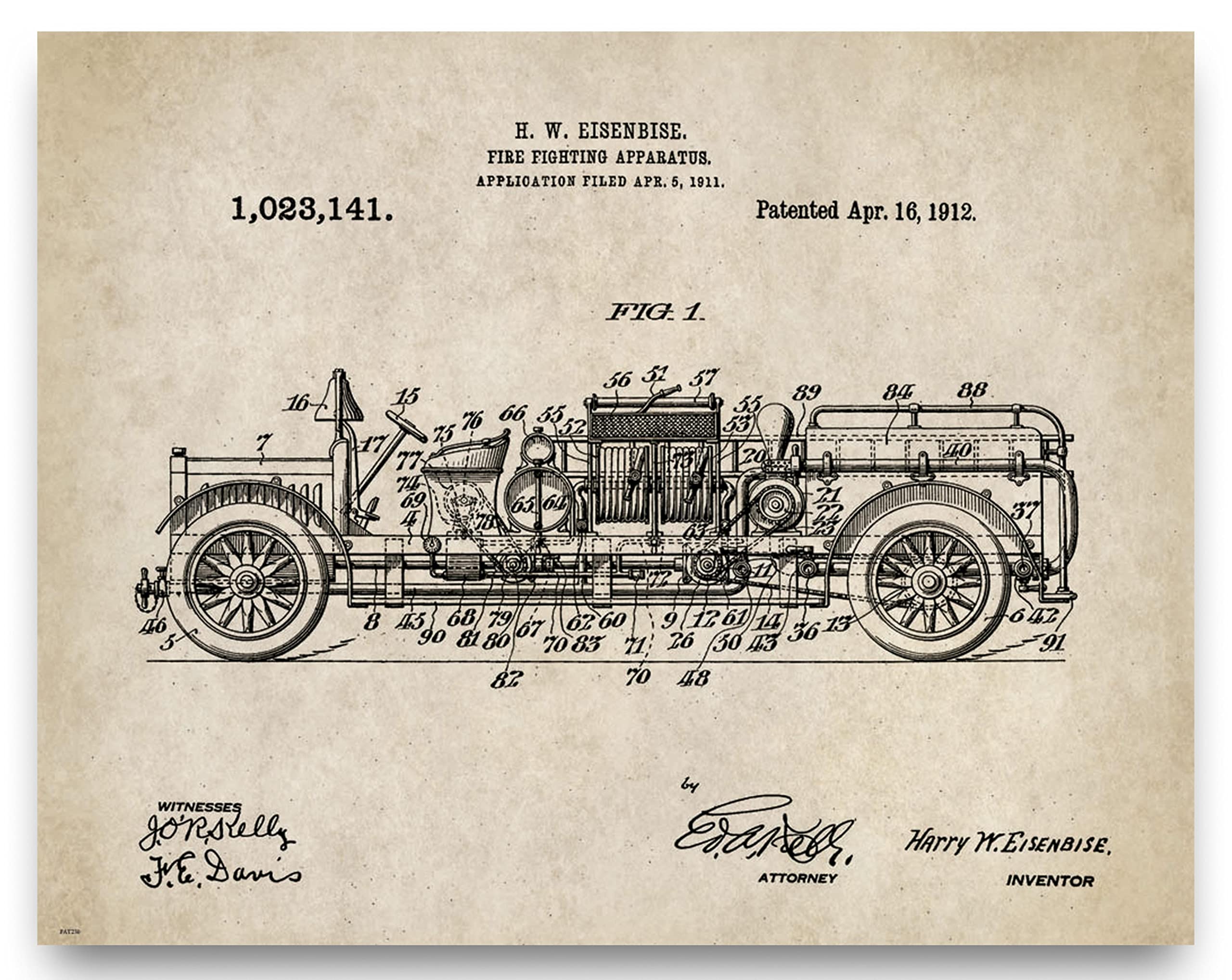 Firefighter Fire Truck Patent Poster - 11x14 Fireman Helmet & Gear Wall Art Print - Perfect for Fire Station, Home Office & Man Cave Decor