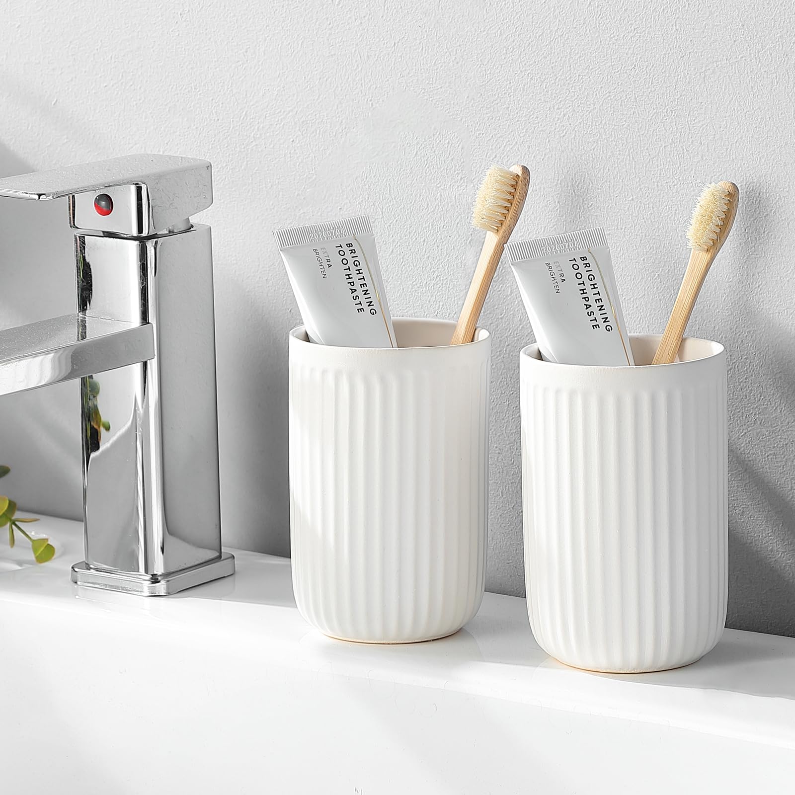 White Ceramic Toothbrush Holders Set of 2 - Bathroom Counter Organizer with Toothpaste & Mouthwash Cup | Durable Reusable Toothbrush Storage for Modern Bathrooms, Sink Vanity & Guest Bath Organization