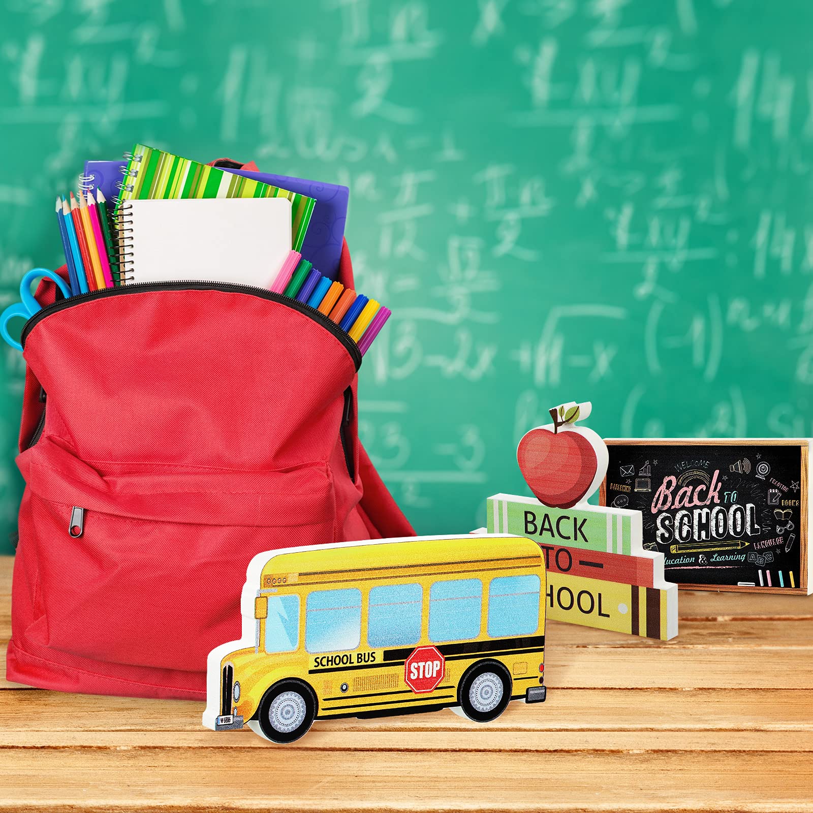 3-Piece Wooden Back to School Table Centerpiece Set - Teacher Appreciation & First Day of School Decor - Classroom Party Supplies for School Decorations - Perfect for Teacher Gifts, Classroom Celebrations & Welcome Back Events
