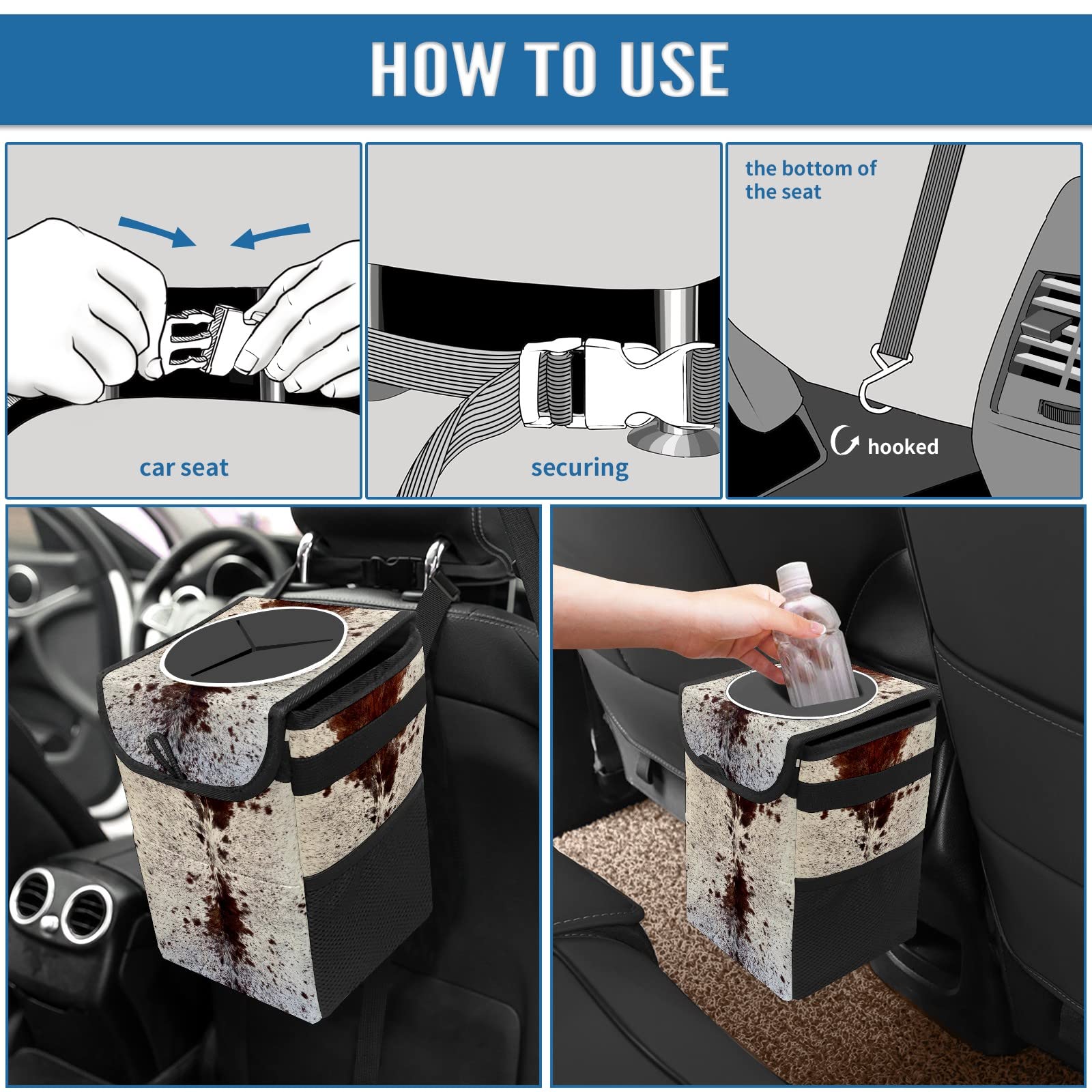 Western Brown Cow Print Car Trash Can with Lid - Collapsible Reusable Waterproof Auto Garbage Bin for Car, Truck & SUV - Perfect for Road Trips, Commuting & Keeping Your Vehicle Clean
