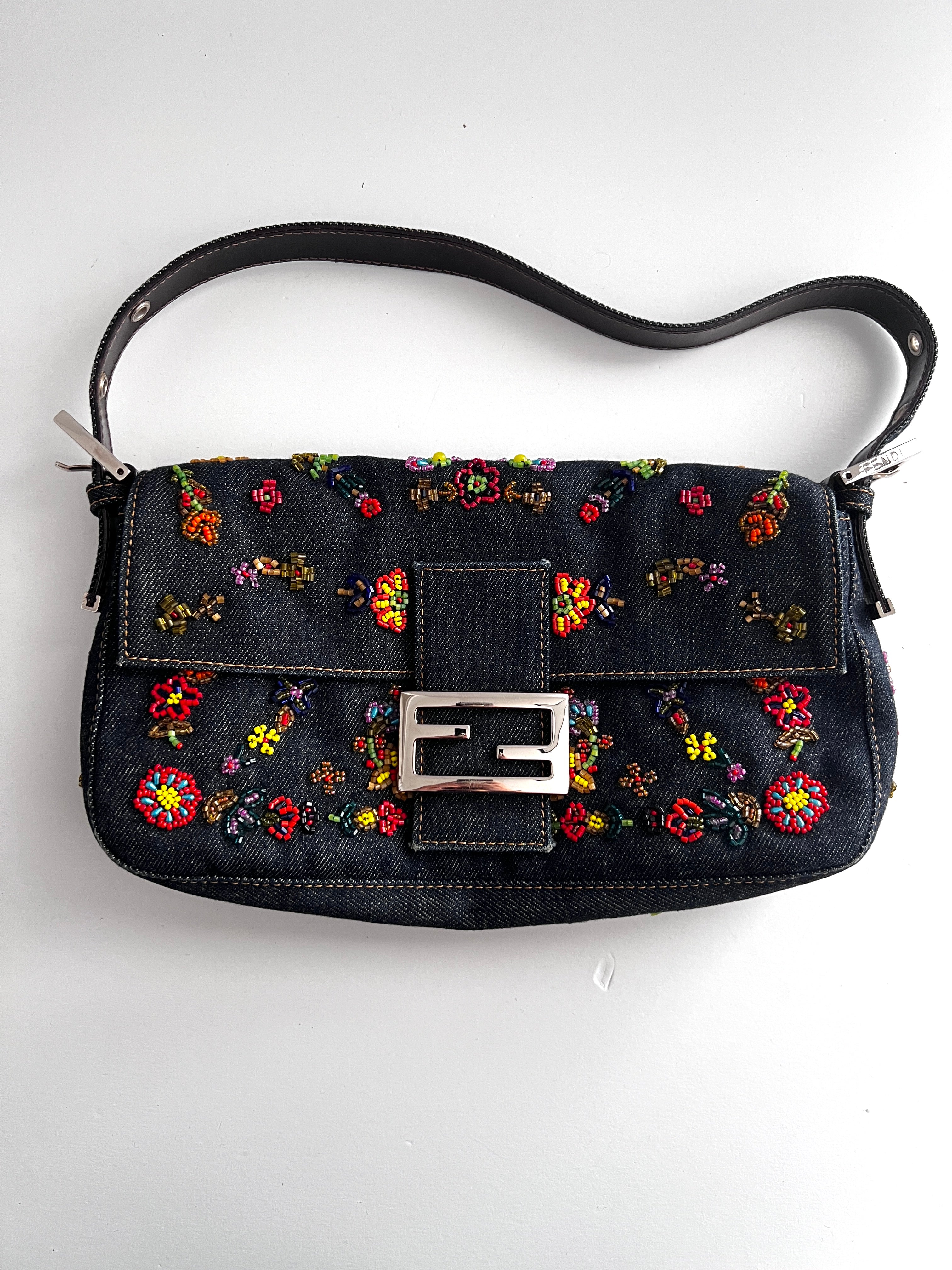 Fendi Floral Embroidered Beaded Denim Baguette Bag - Luxury Designer Handbag for Women, Perfect for Parties, Weddings & Evening Events