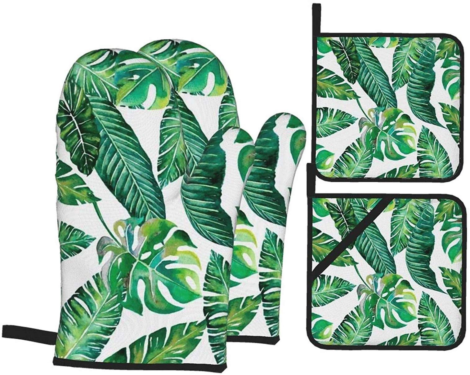 4PCS Jungle Leaves Banana Monstera Oven Mitts & Pot Holders - Heat Resistant Kitchen Gloves & Non-Slip Hot Pads for BBQ, Baking, Cooking - Perfect for Grilling, Roasting & Hand Protection