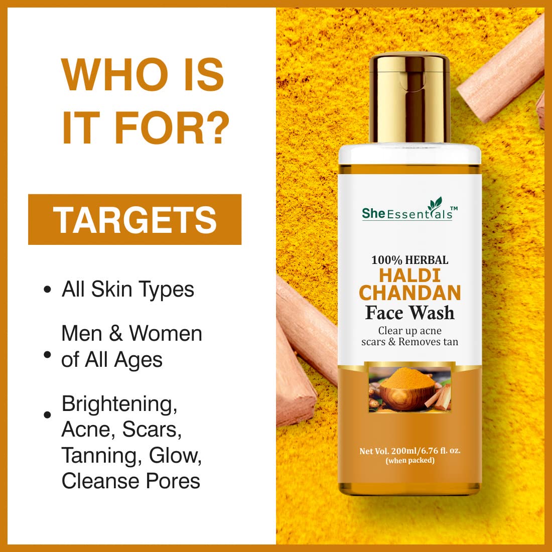 **She Essentials Haldi Chandan (Ubtan) 100% Natural Glow Face Wash for Scar & Tan Removal - Paraben & Sulphate Free, 200ml - Brightens Skin for Men & Women - Perfect for Daily Skincare & Post-Sun Care**