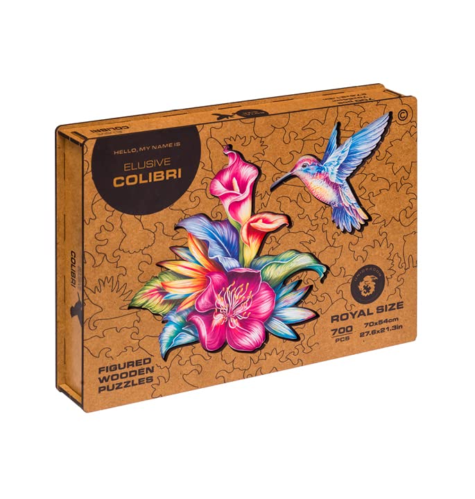 UNIDRAGON Original Wooden Jigsaw Puzzle - 700 Piece Elusive Colibri Hummingbird Art, Large 27.6x21.3 Inches, Unique Shaped Pieces, Premium Gift Box for Adults & Kids - Perfect for Family Game Night, Home Decor & Stress Relief