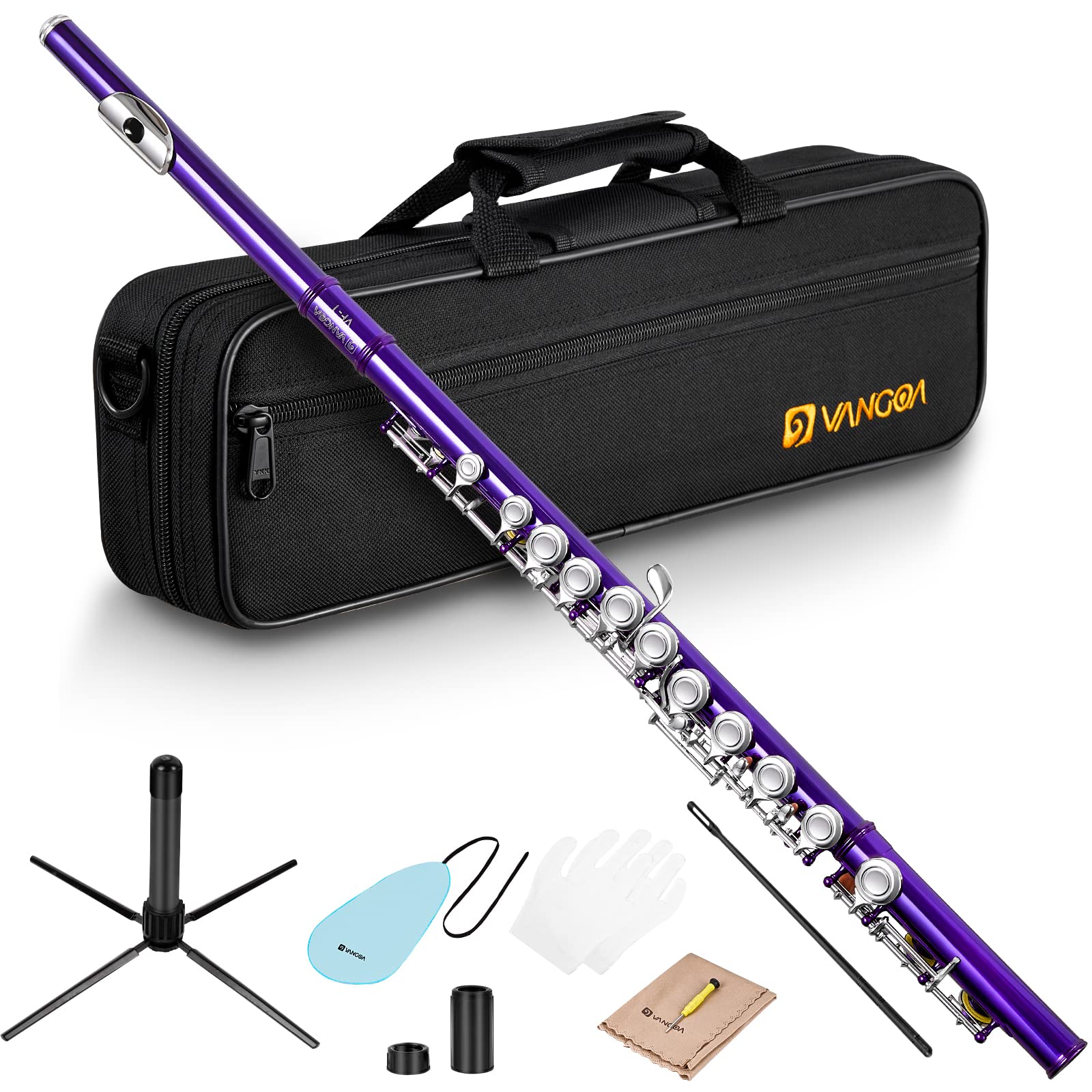 Vangoa 16-Key C Flute for Beginners - Nickel Plated Closed Hole Student Flute with Carrying Case, Stand & Cleaning Kit (Purple) - Perfect for School Band, Music Lessons & Home Practice