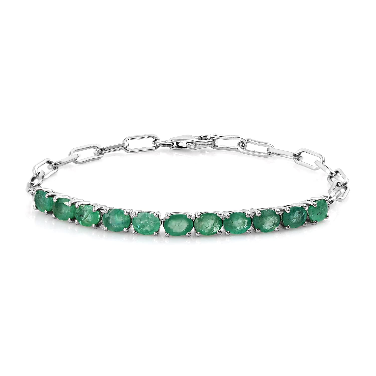 2.9 CT 925 Sterling Silver Platinum Plated AAA Emerald Paper Clip Chain Bracelet for Women - Elegant Jewelry Gift for Birthday, Anniversary & Special Occasions