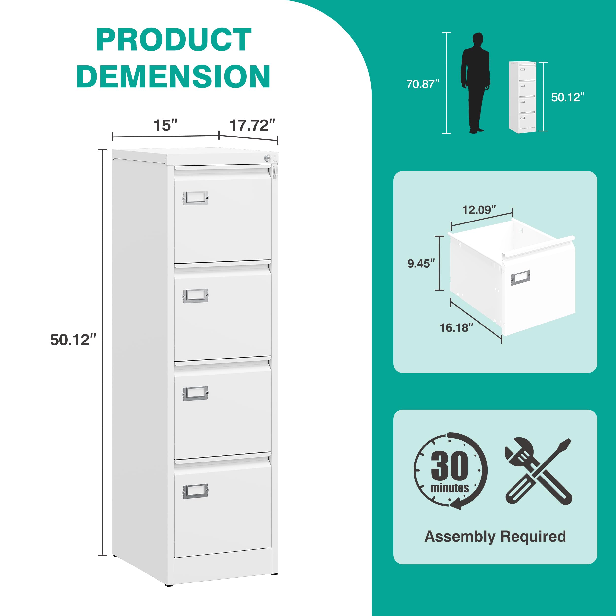 SESESOL 4-Drawer Locking Vertical File Cabinet - Stainless Steel Metal Filing Cabinet for Home & Office Organization - Letter/A4/Legal Size Storage - Perfect for Document Management & Workspace Organization