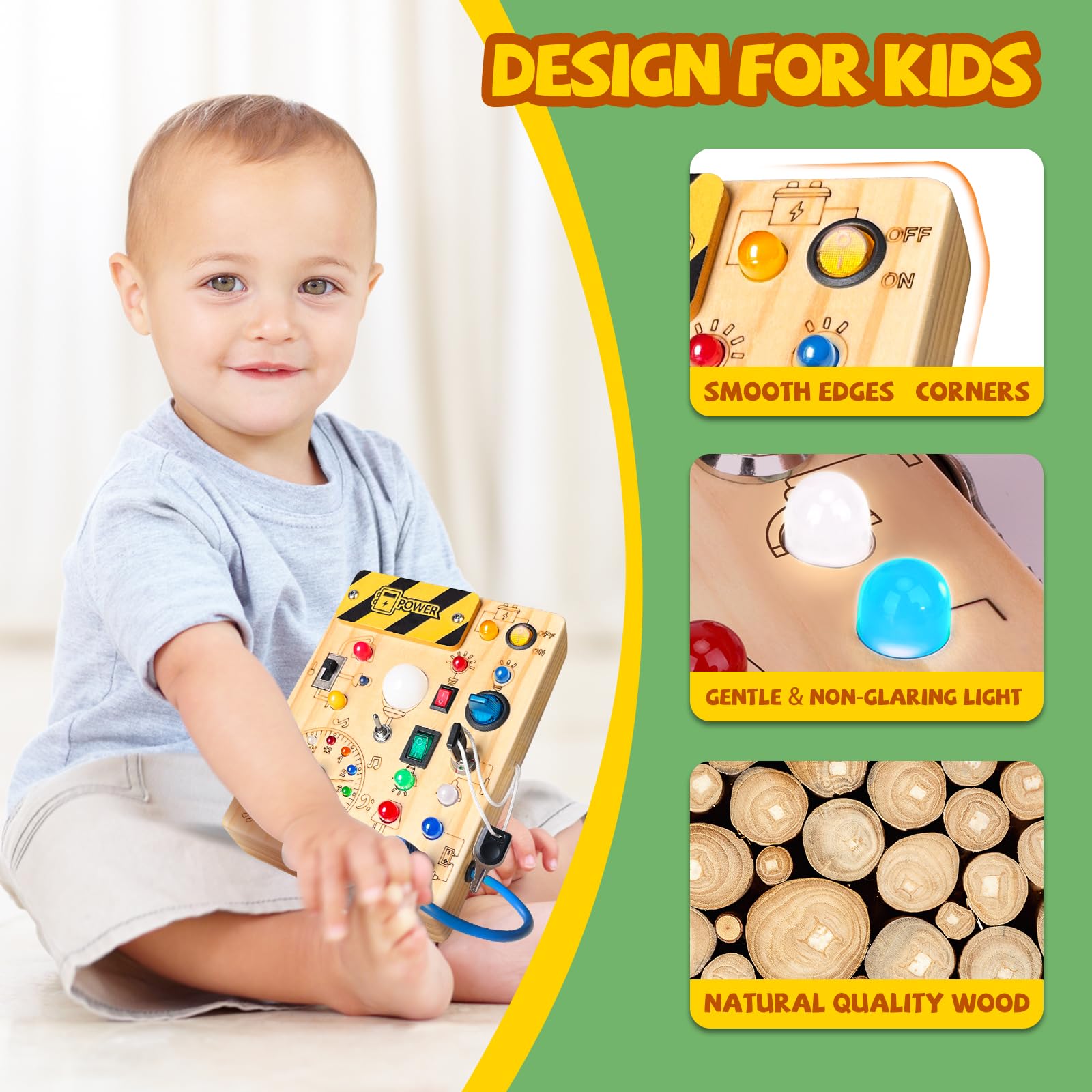 Montessori Busy Board for Toddlers 1-3 Years - Wooden Sensory Travel Toy, Educational Learning Activity Board - Perfect Gift for 1+ Year Old Boys & Girls (Busy Board Plus V2, Medium, Yellow) - Ideal for Airplane Travel, Car Rides & Home Playtime