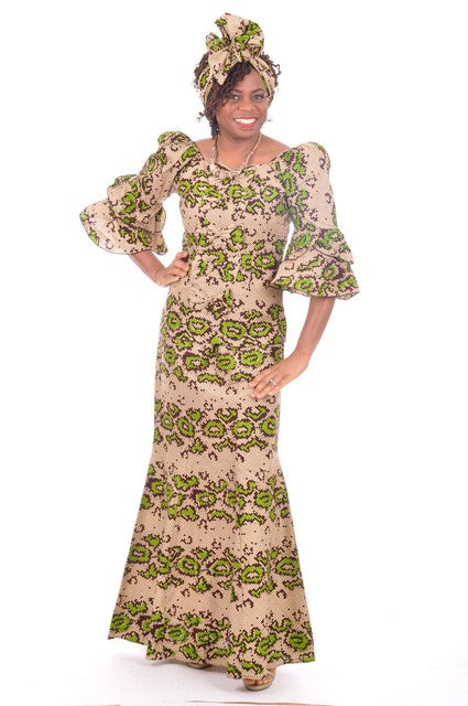 Stylish African Print Top and Skirt Set - Green Beige Brown DP3288 | Women's Fashion Outfit for Parties, Weddings & Cultural Events